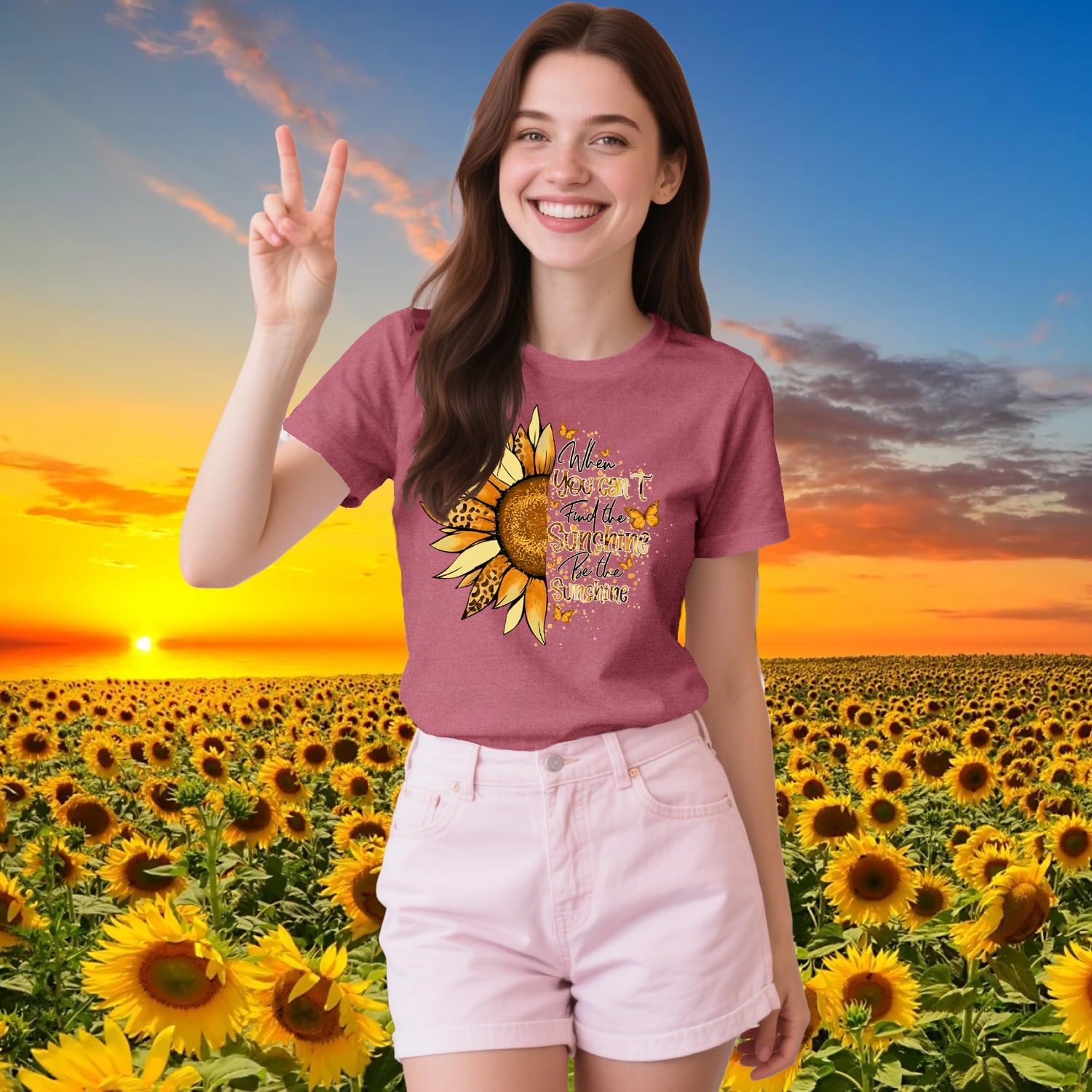 Women’s Sunflower Graphic T-Shirt – Soft Crew Neck Short Sleeve Inspirational Quote Tee, Pink-CuzCustom Gifts