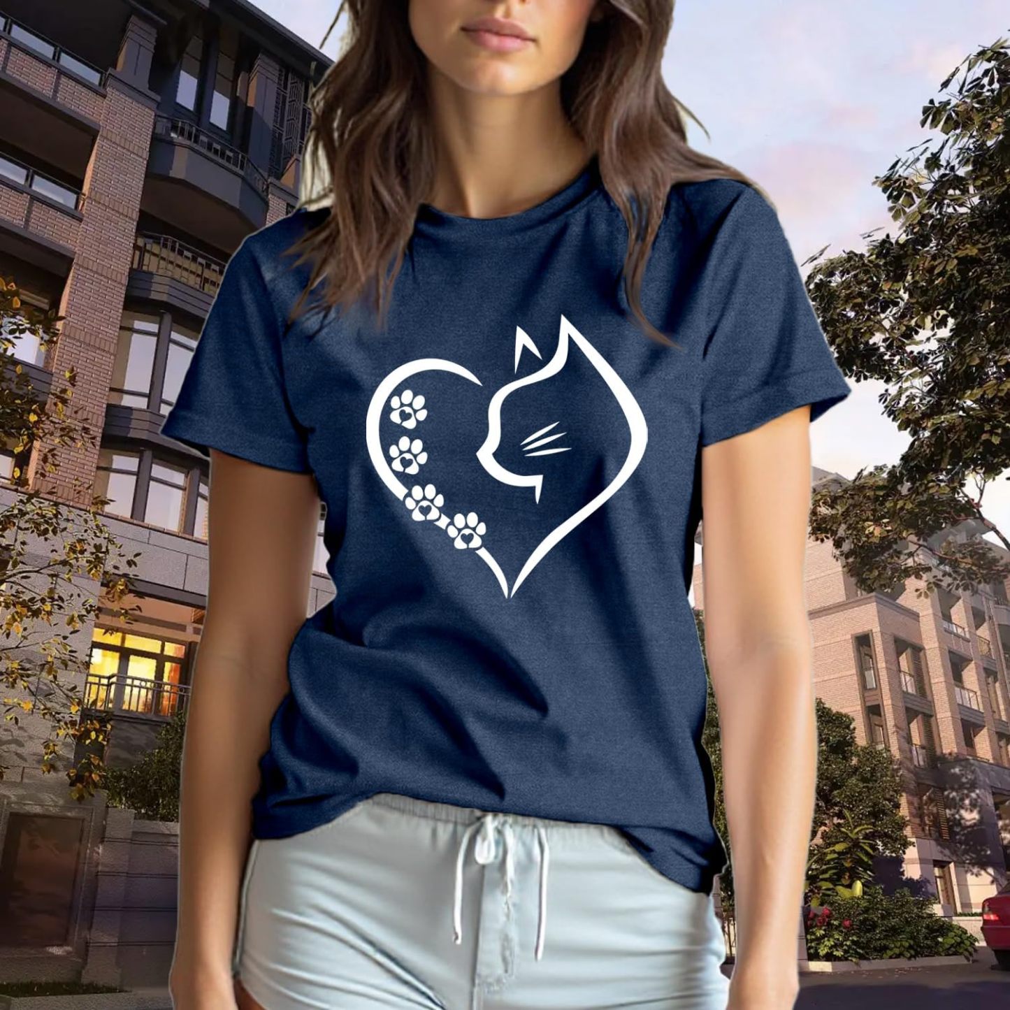 Women’s Cat Mom Graphic T-Shirt – Cat Silhouette & Paw Print Tee, Short Sleeve Crewneck