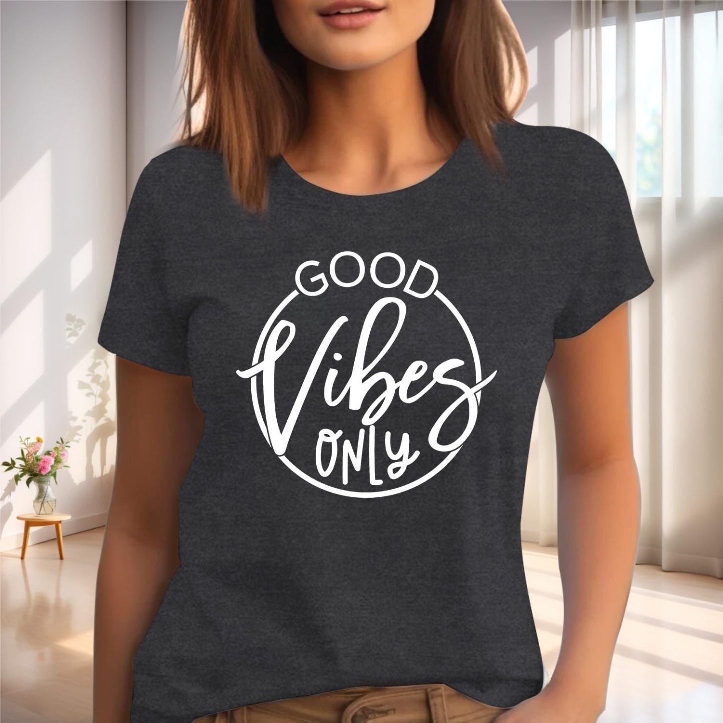 Women’s “Good Vibes Only” Graphic T-Shirt – Soft Crew Neck Short Sleeve Inspirational Tee, Grey-CuzCustom Gifts