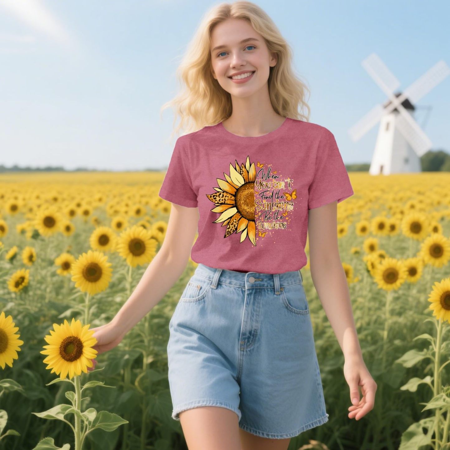 Women’s Sunflower Graphic T-Shirt – Soft Crew Neck Short Sleeve Inspirational Quote Tee, Pink-CuzCustom Gifts