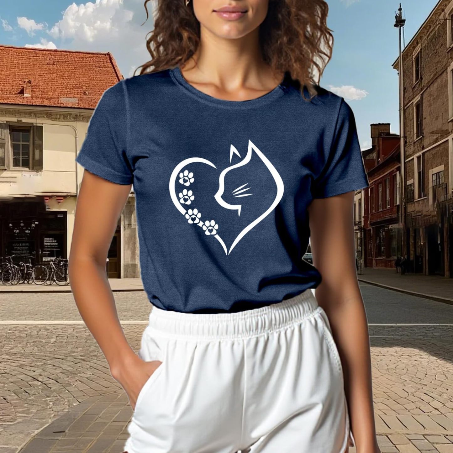 Women’s Cat Mom Graphic T-Shirt – Cat Silhouette & Paw Print Tee, Short Sleeve Crewneck