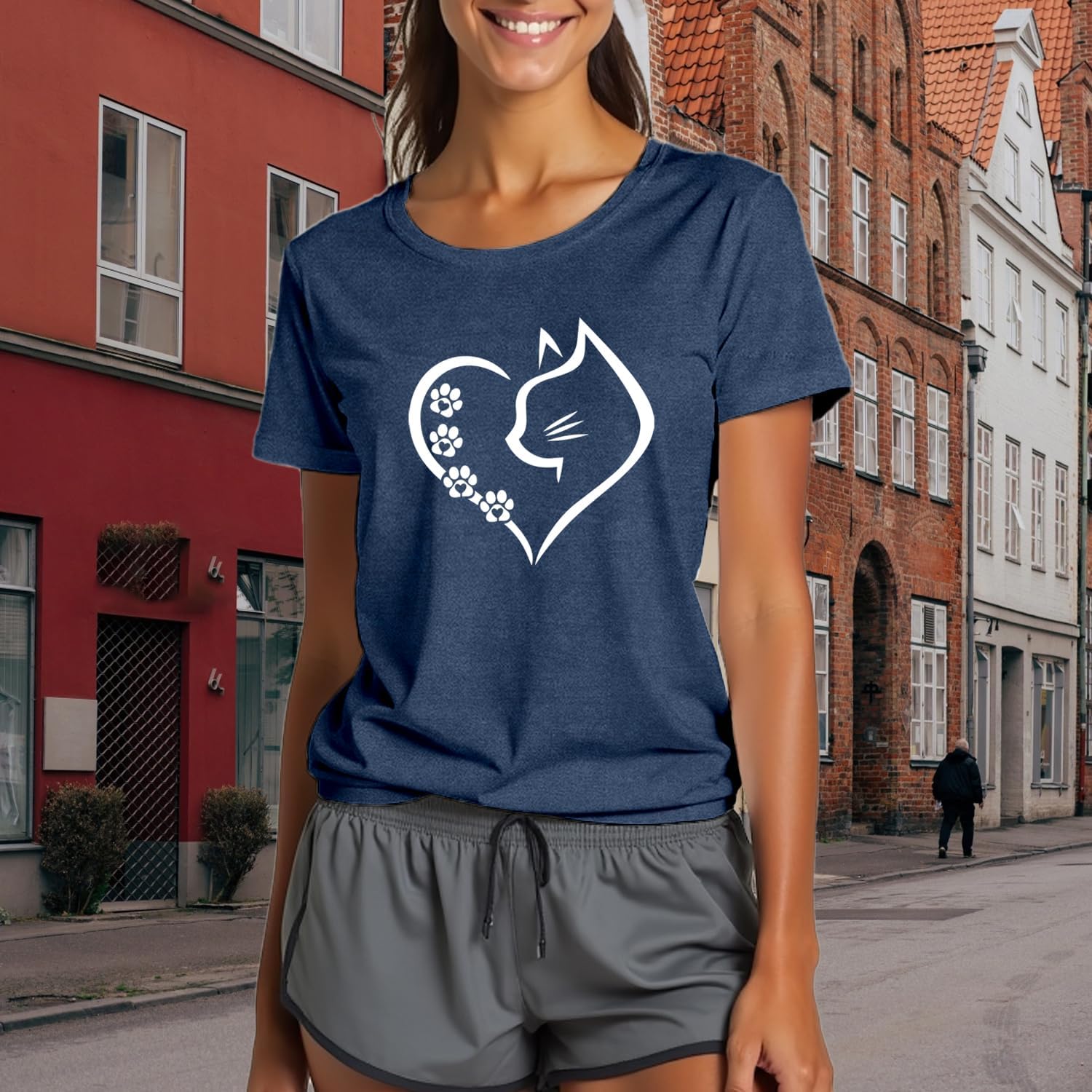 Women’s Cat Mom Graphic T-Shirt – Cat Silhouette & Paw Print Tee, Short Sleeve Crewneck