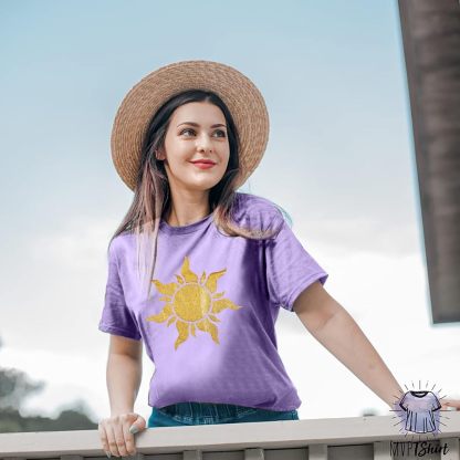 Women’s Magic Sun Graphic T-Shirt – Sunshine Print, Short Sleeve Crewneck, Purple