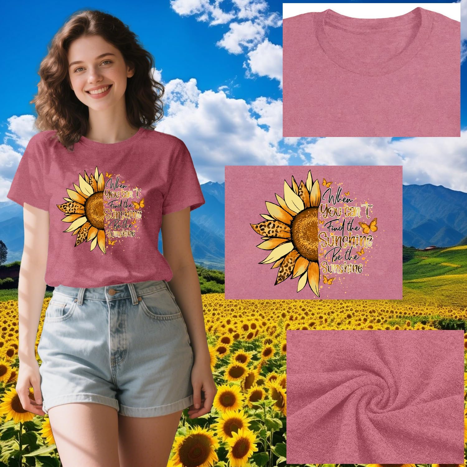 Women’s Sunflower Graphic T-Shirt – Soft Crew Neck Short Sleeve Inspirational Quote Tee, Pink-CuzCustom Gifts