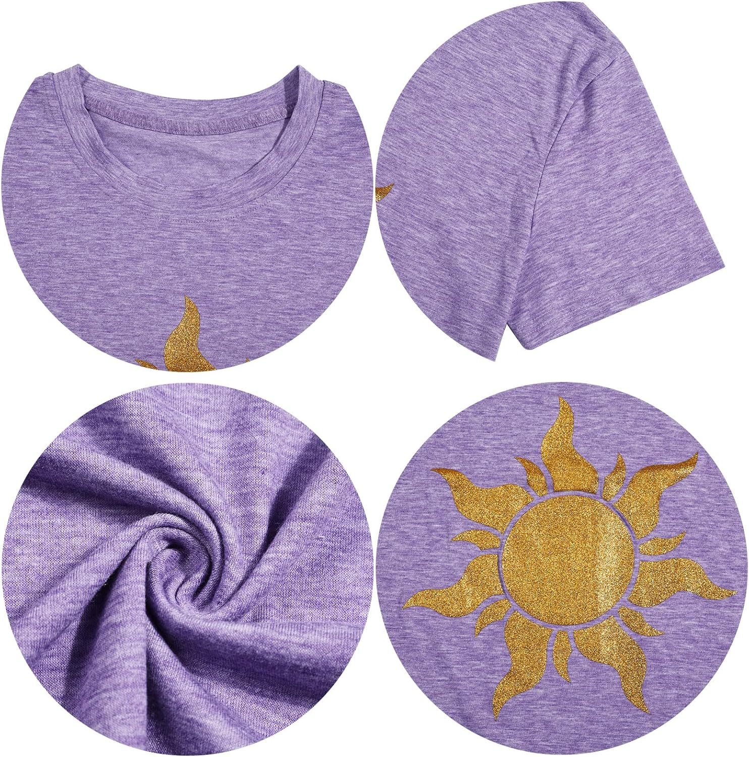 Women’s Magic Sun Graphic T-Shirt – Sunshine Print, Short Sleeve Crewneck, Purple