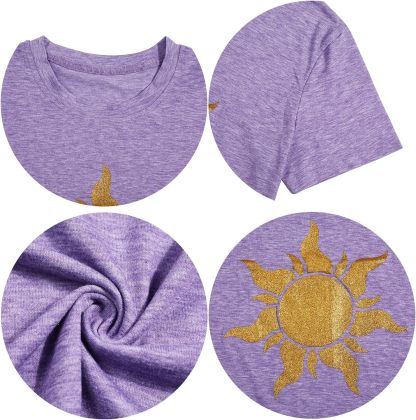 Women’s Magic Sun Graphic T-Shirt – Sunshine Print, Short Sleeve Crewneck, Purple