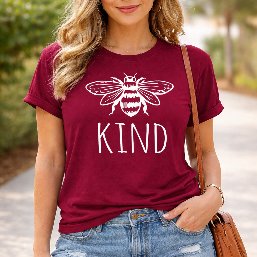 Unisex Graphic T-Shirt – Kind, Short Sleeve Crewneck Casual Tee, Wine Red
