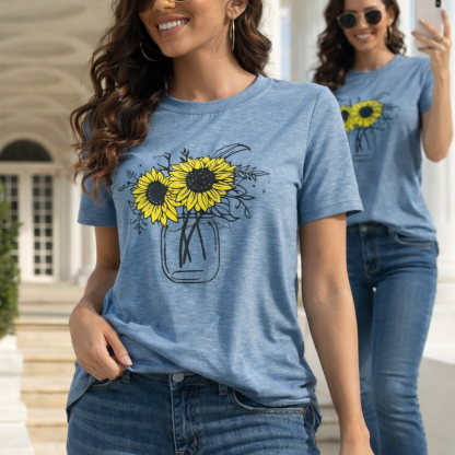 Women’s Sunflower Vase Graphic Tank Top – Sleeveless Summer Casual Top, Soft Cotton, Blue