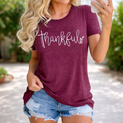Women’s Thanksgiving Graphic T-Shirt “Thankful” – Short Sleeve Crewneck, Casual Tee, Purple