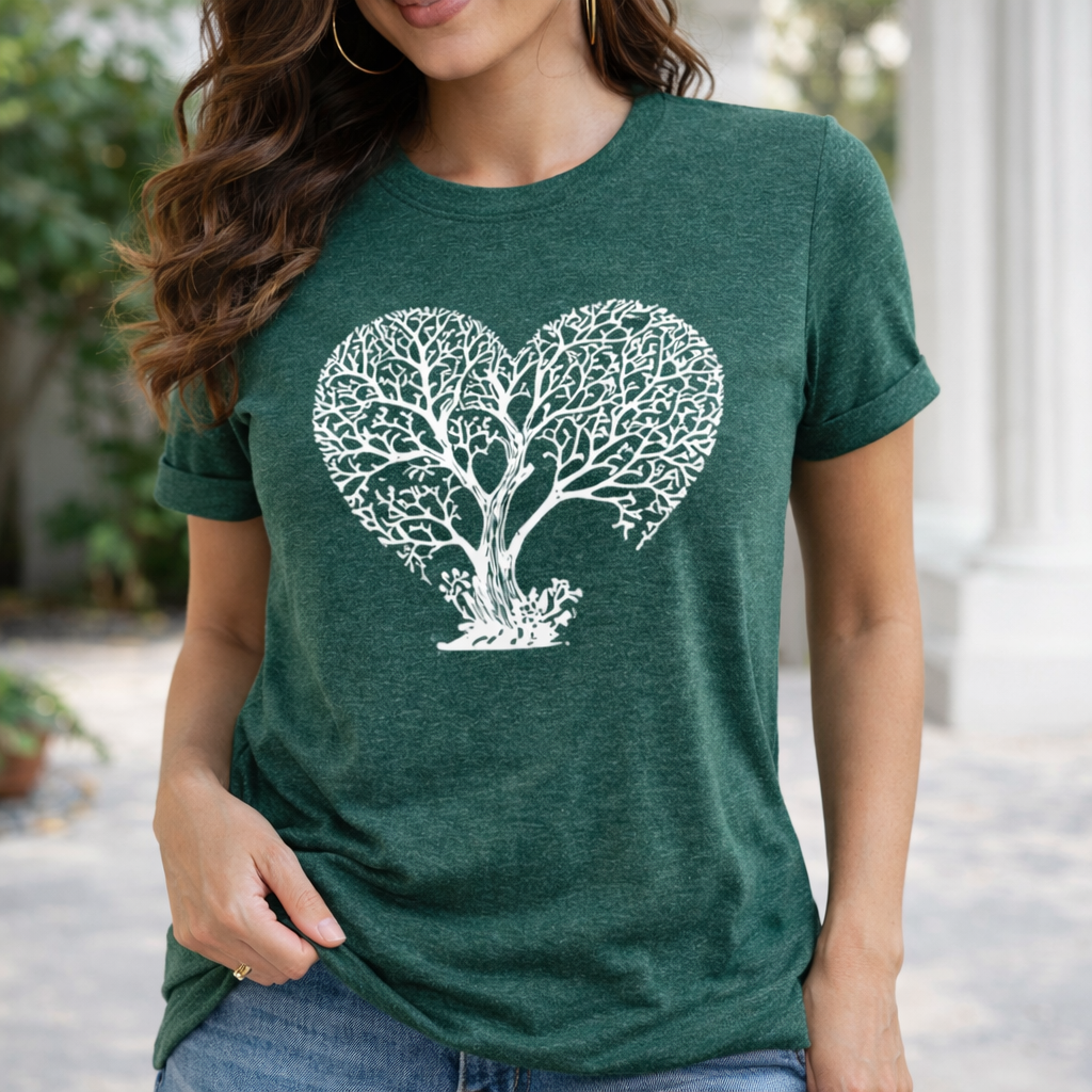 Women’s Heart Tree Graphic T-Shirt – Nature Vintage Tee, Short Sleeve Crewneck, Cotton Blend, Green