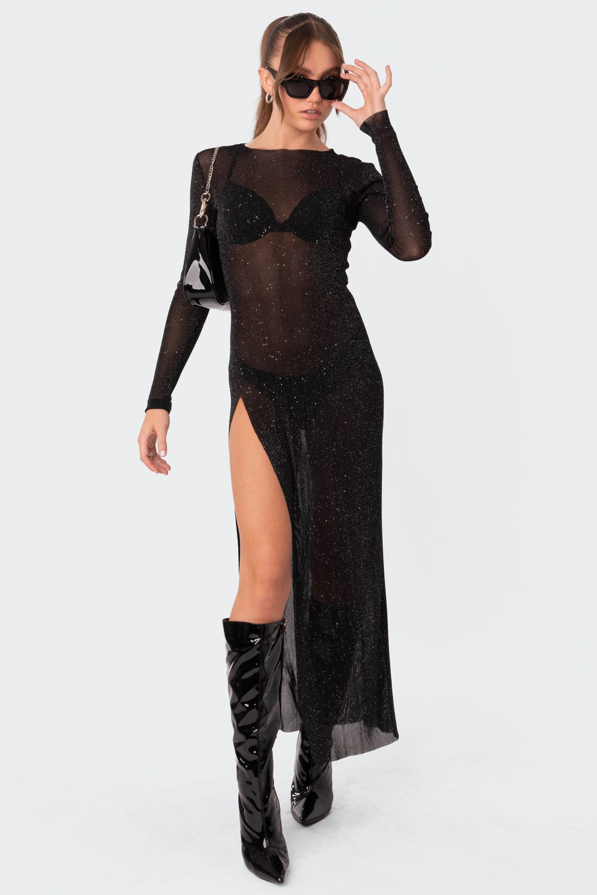 Glitter Mesh Slitted Maxi Dress-Juice Dress