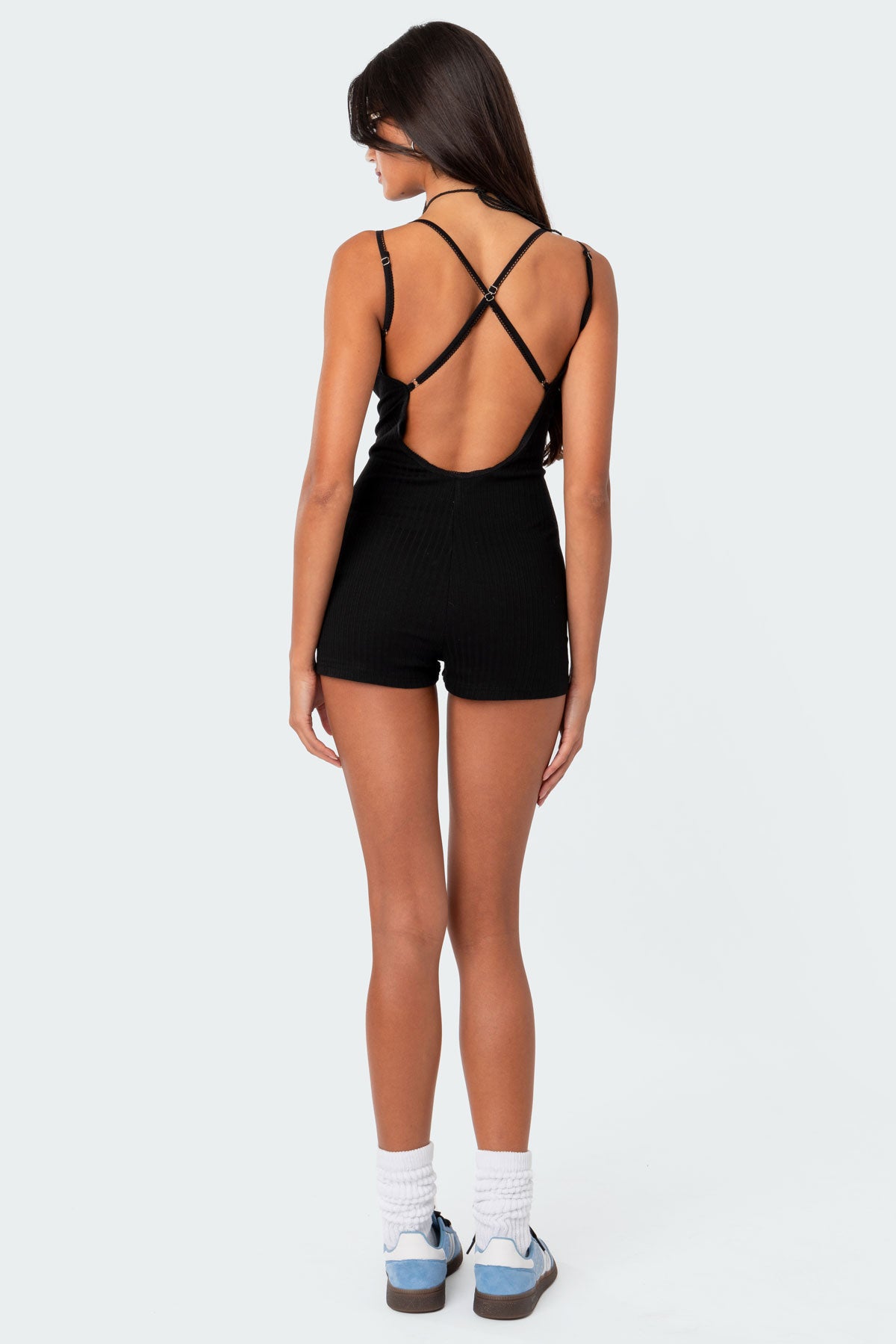 Pointelle Strappy Open Back Romper-Juice Dress