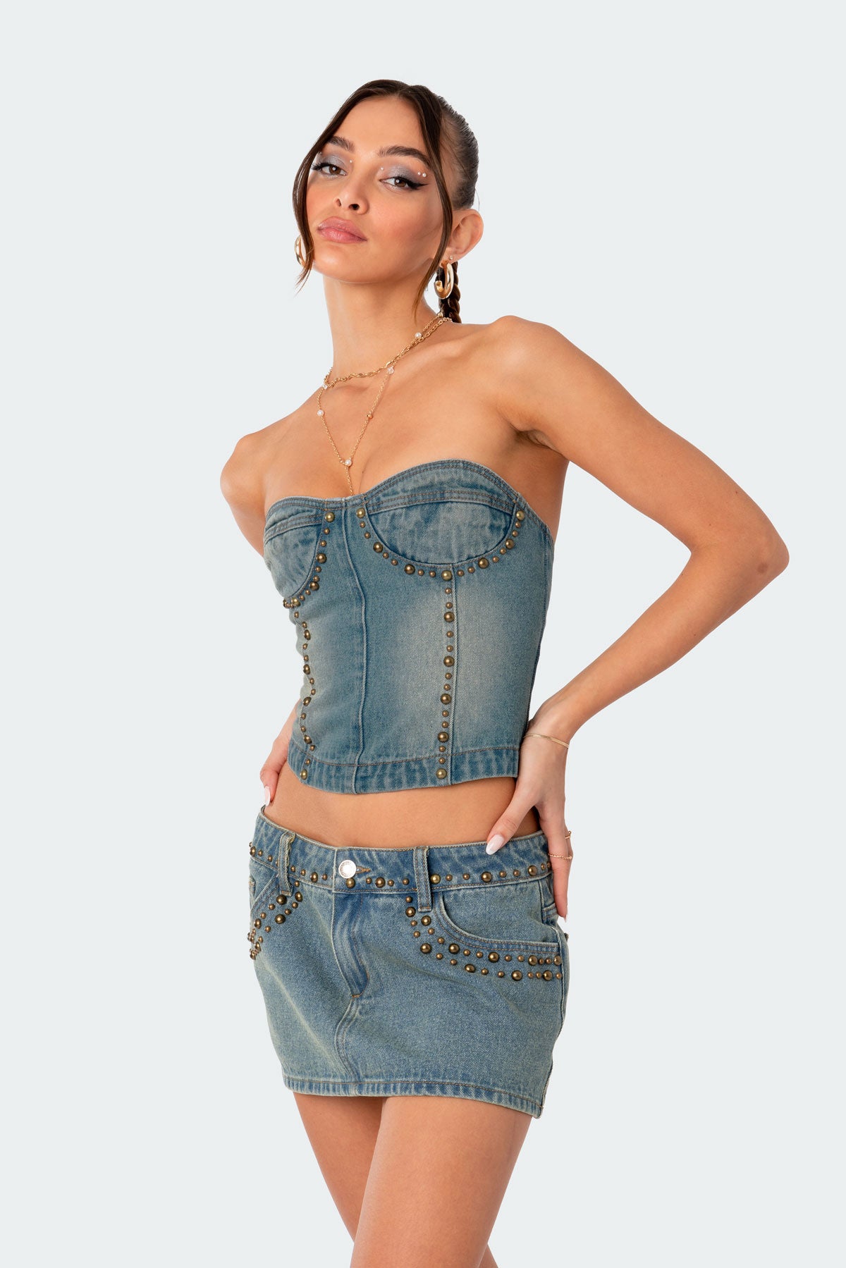 Studded Washed Denim Lace Up Corset-Juice Dress