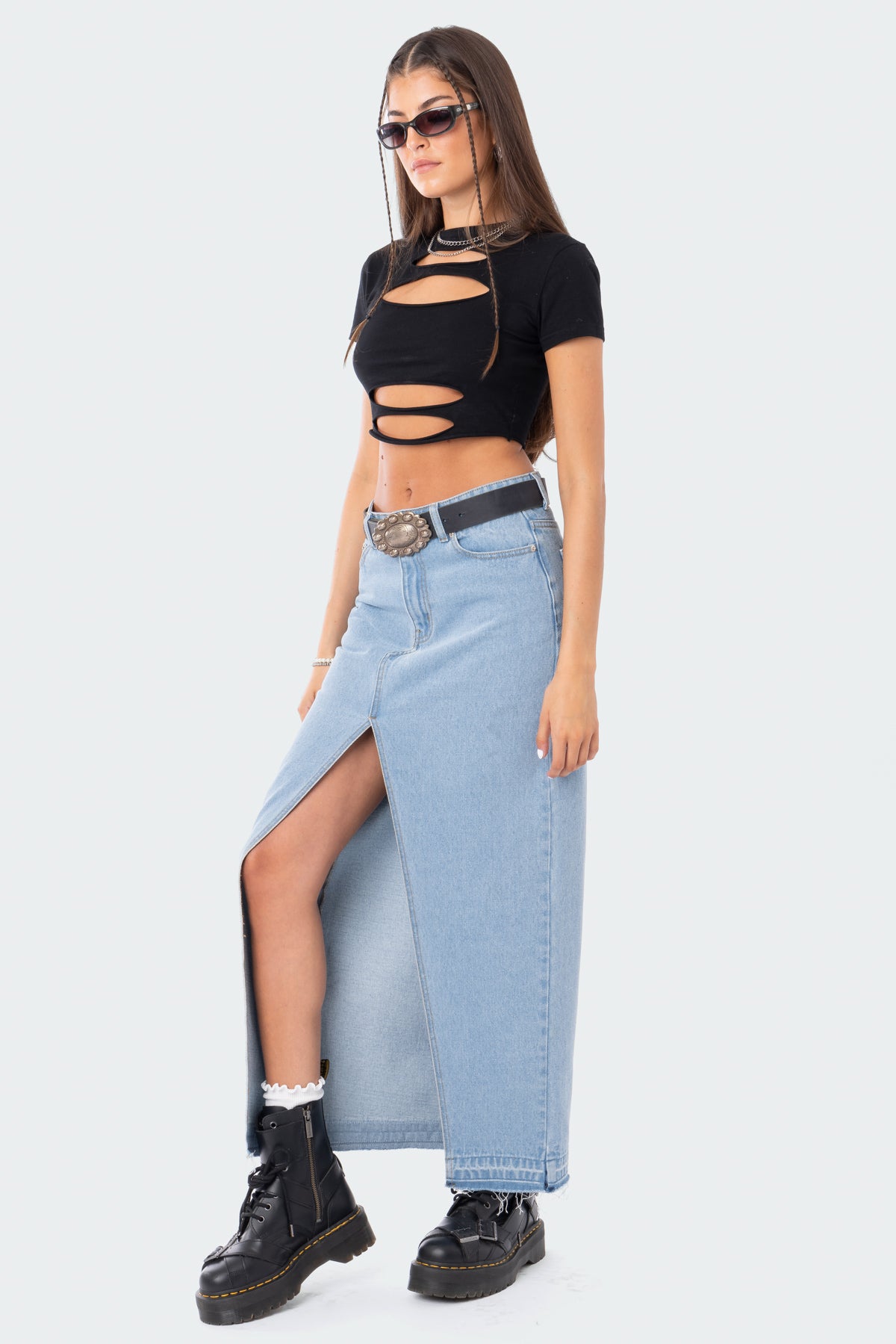 Front Slit Maxi Denim Skirt-Juice Dress
