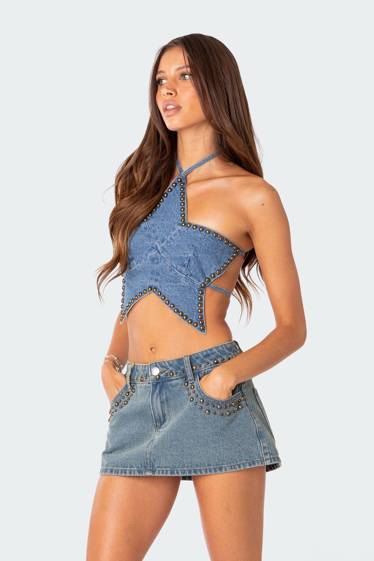 Starlet Studded Denim Crop Top-Juice Dress