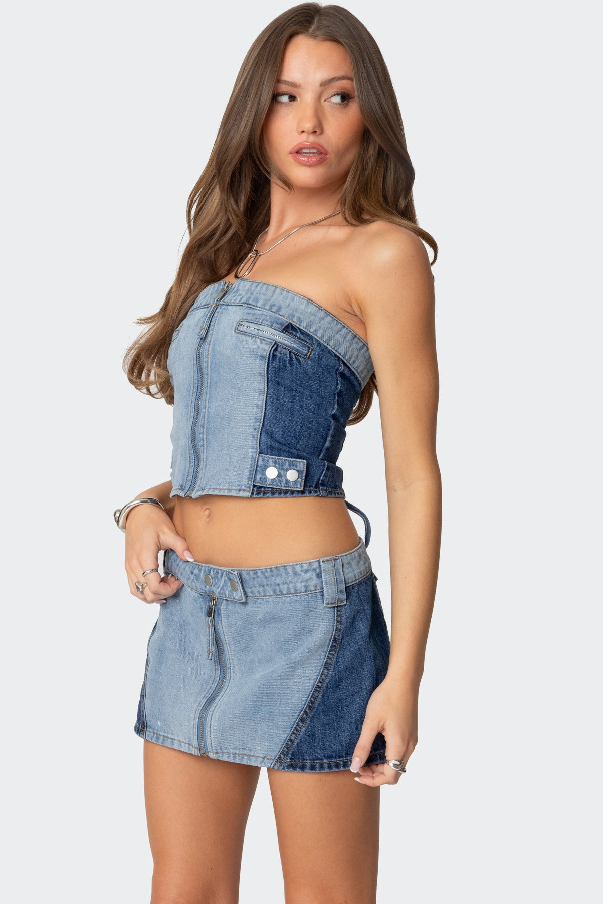 Reni Contrast Denim Zip Up Corset-Juice Dress