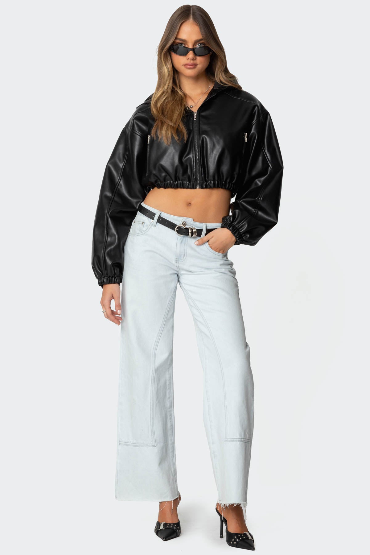 Hooded Faux Leather Cropped Jacket-Juice Dress