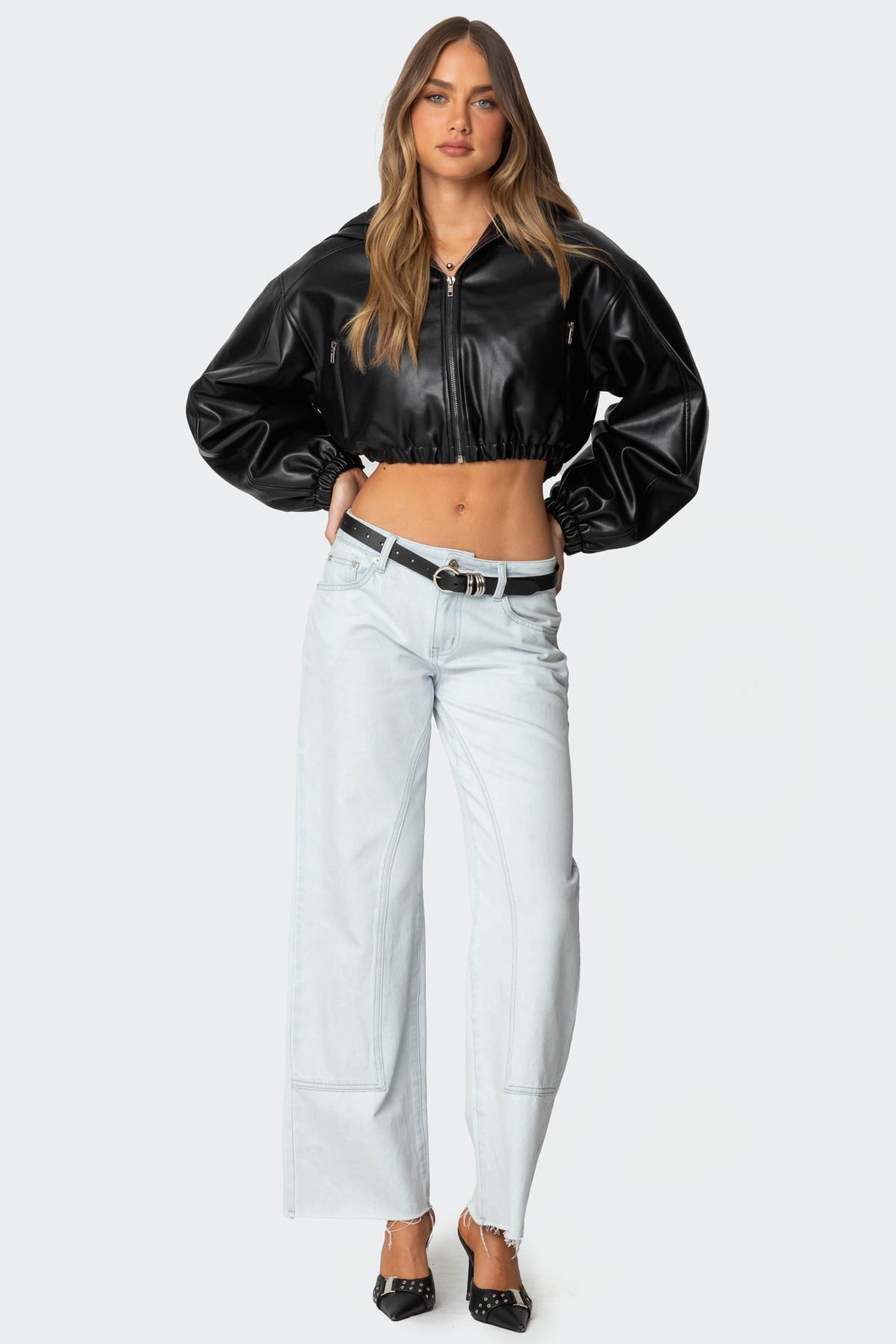 Hooded Faux Leather Cropped Jacket-Juice Dress