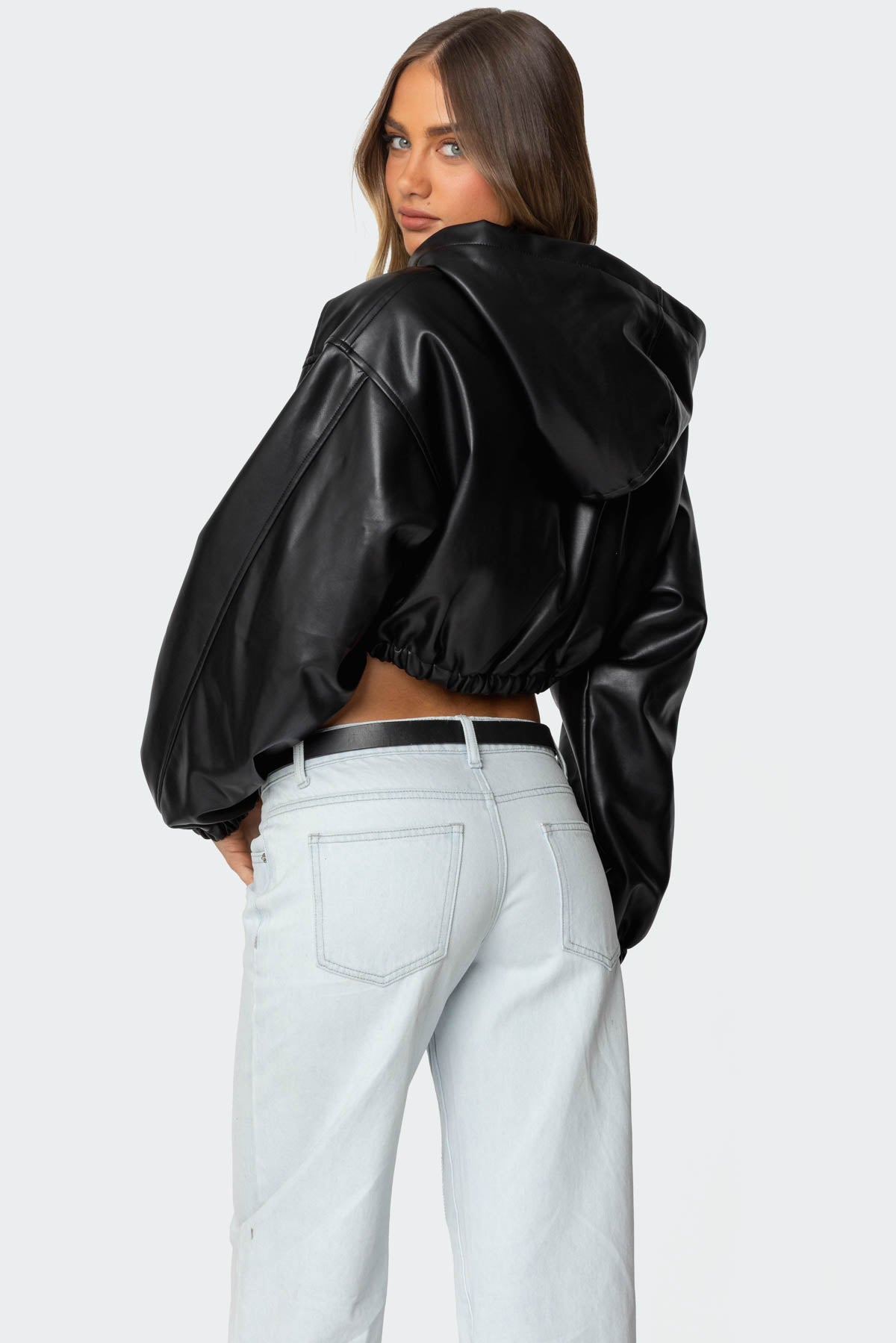 Hooded Faux Leather Cropped Jacket-Juice Dress