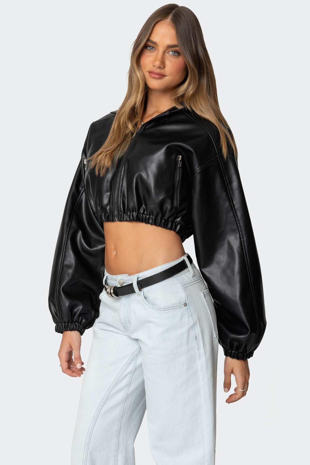 Hooded Faux Leather Cropped Jacket-Juice Dress