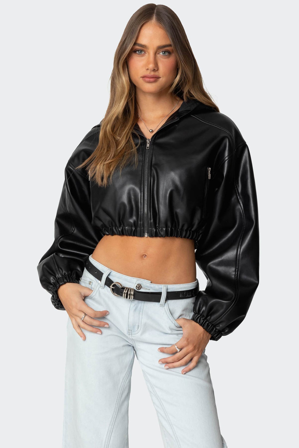 Hooded Faux Leather Cropped Jacket-Juice Dress
