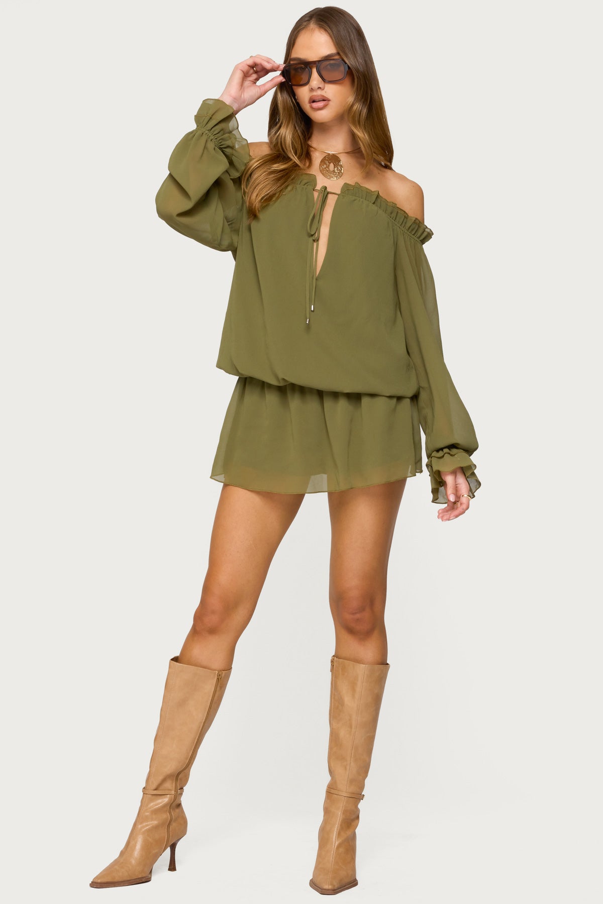 Delphine Off Shoulder Chiffon Romper-Juice Dress