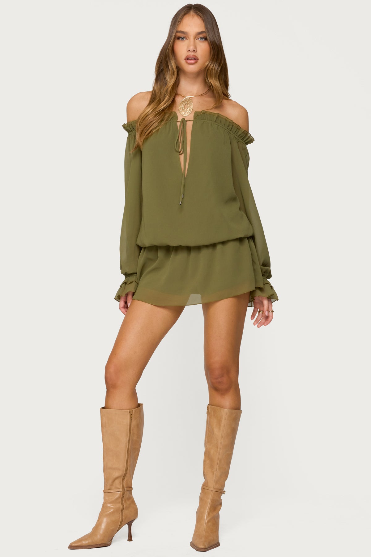 Delphine Off Shoulder Chiffon Romper-Juice Dress