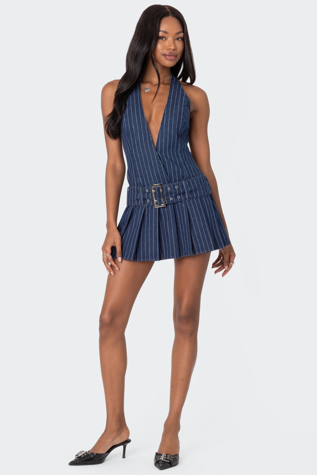 Belted Pinstripe Denim Mini Dress-Juice Dress