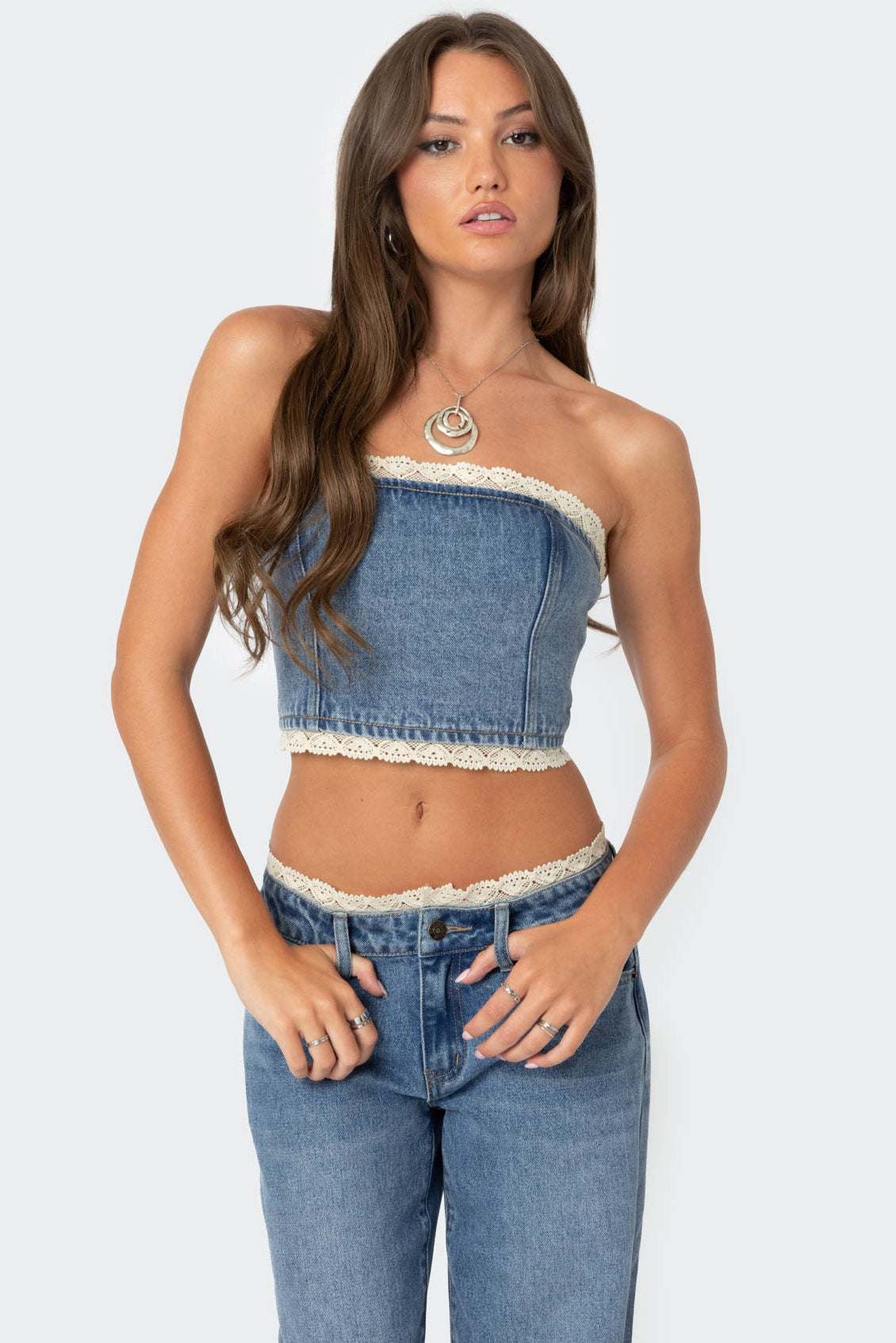 Karlie Lace Trim Denim Tube Top-Juice Dress