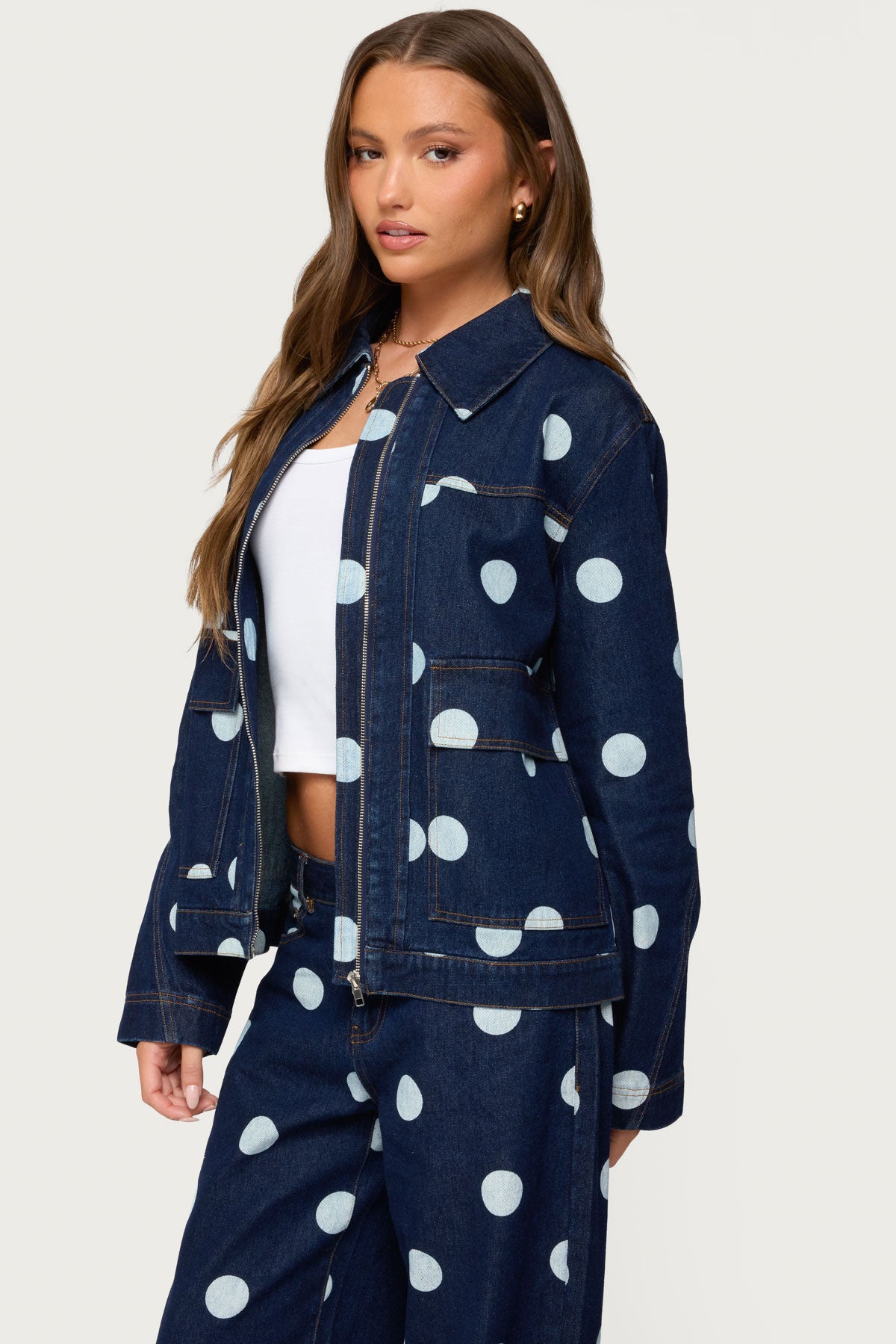 Leyah Polka Dot Oversized Denim Jacket-Juice Dress