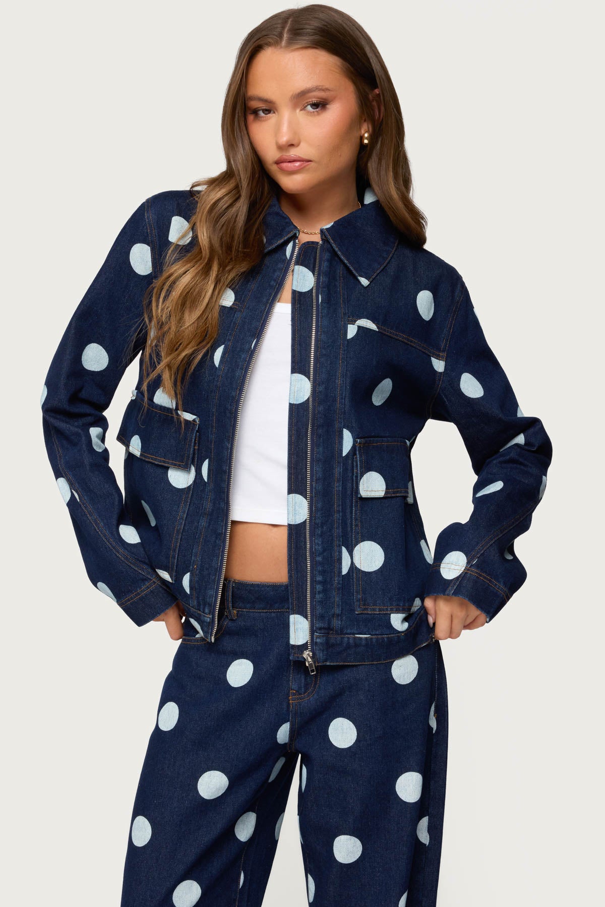 Leyah Polka Dot Oversized Denim Jacket-Juice Dress
