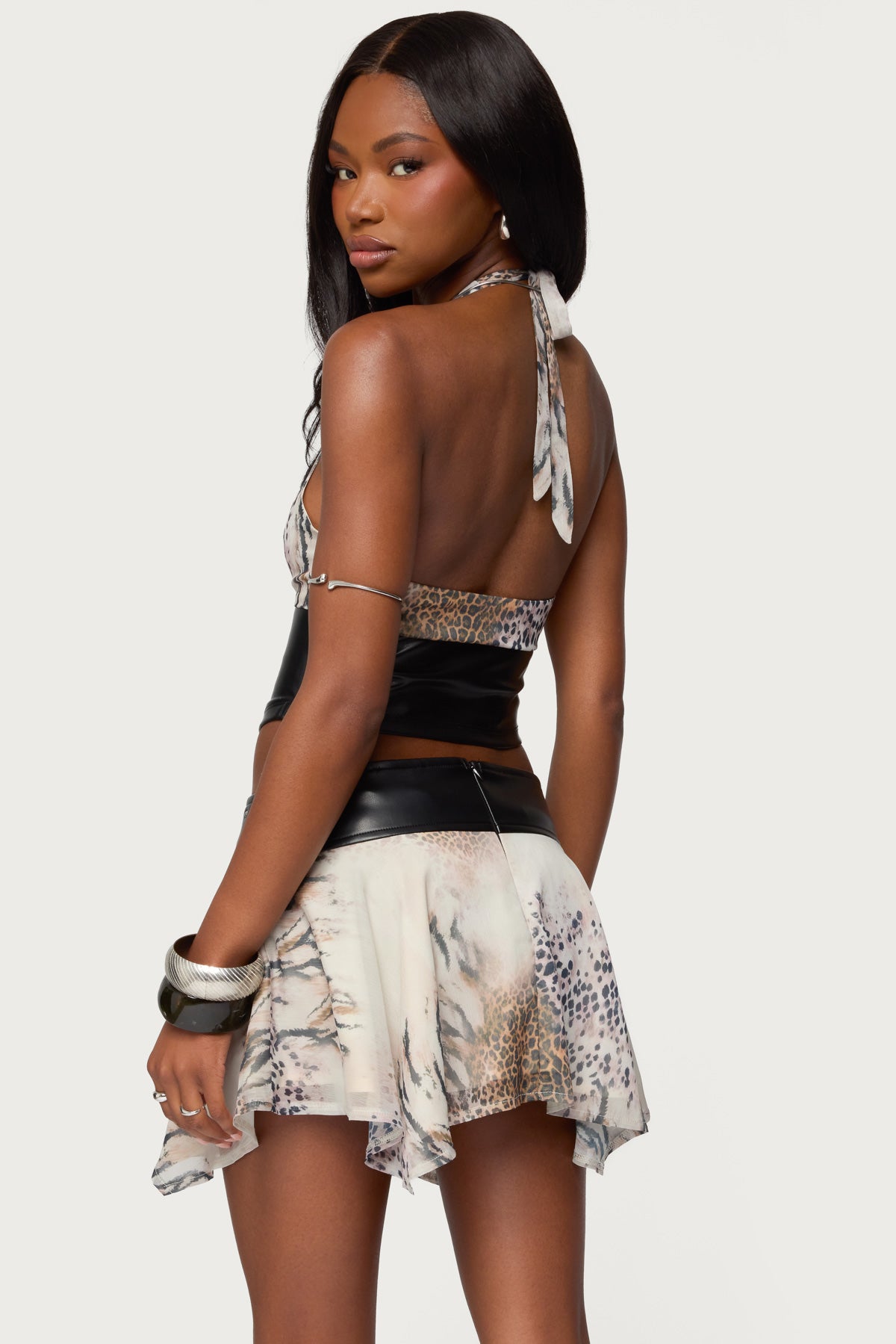 Letta Printed Chiffon Faux Leather Top-Juice Dress