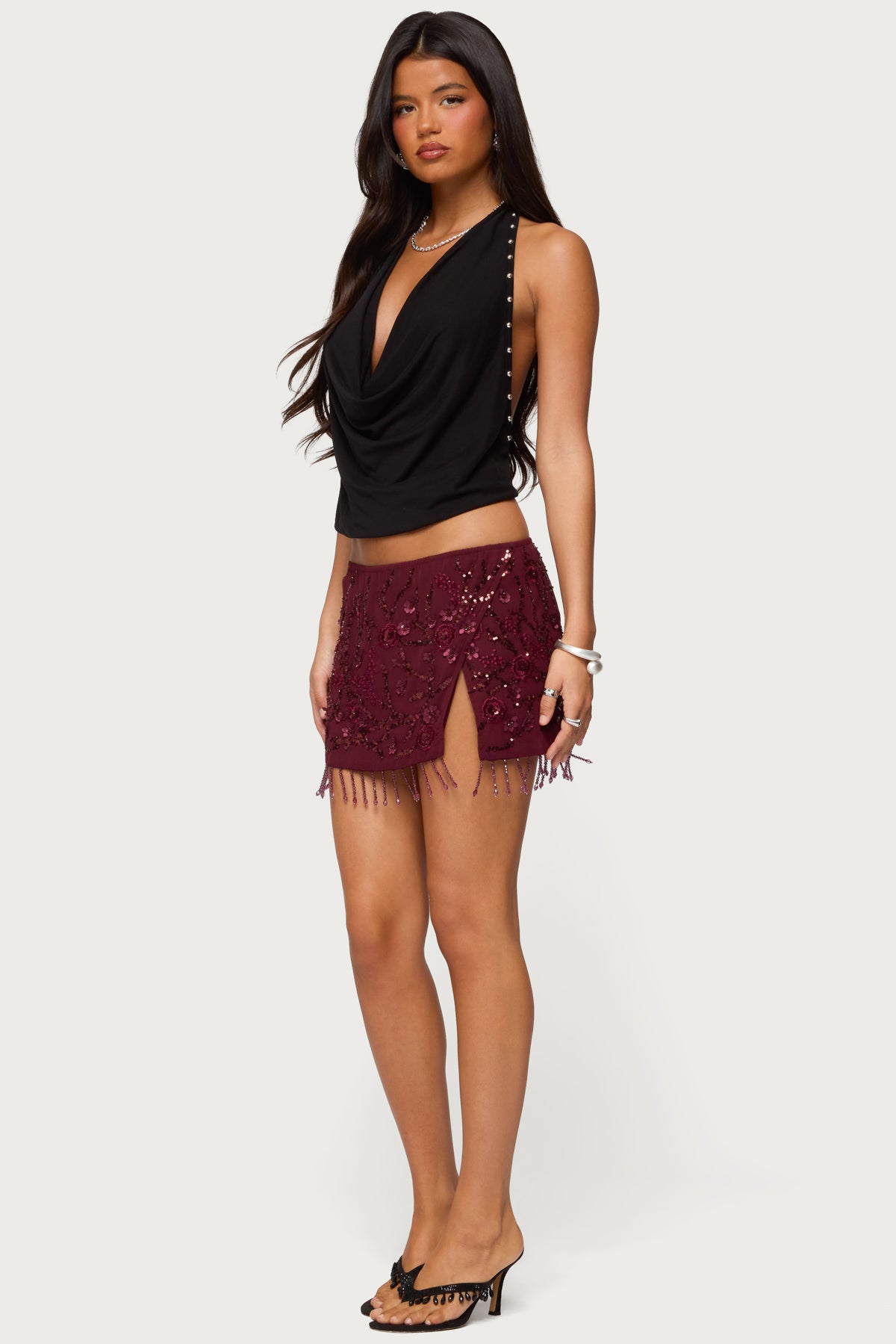 Chiffon Sequin Bead Fringed Mini Skirt-Juice Dress