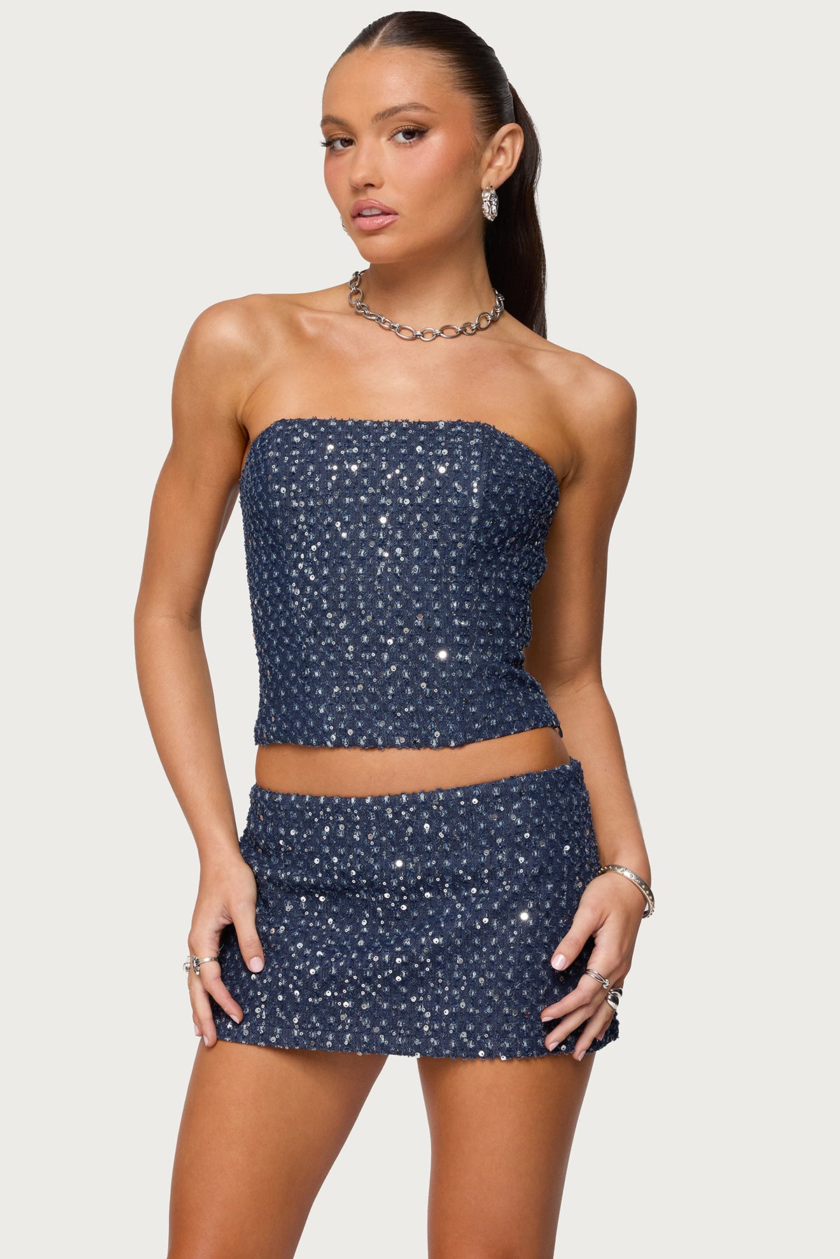 Sora Sequin Distressed Denim Corset-Juice Dress