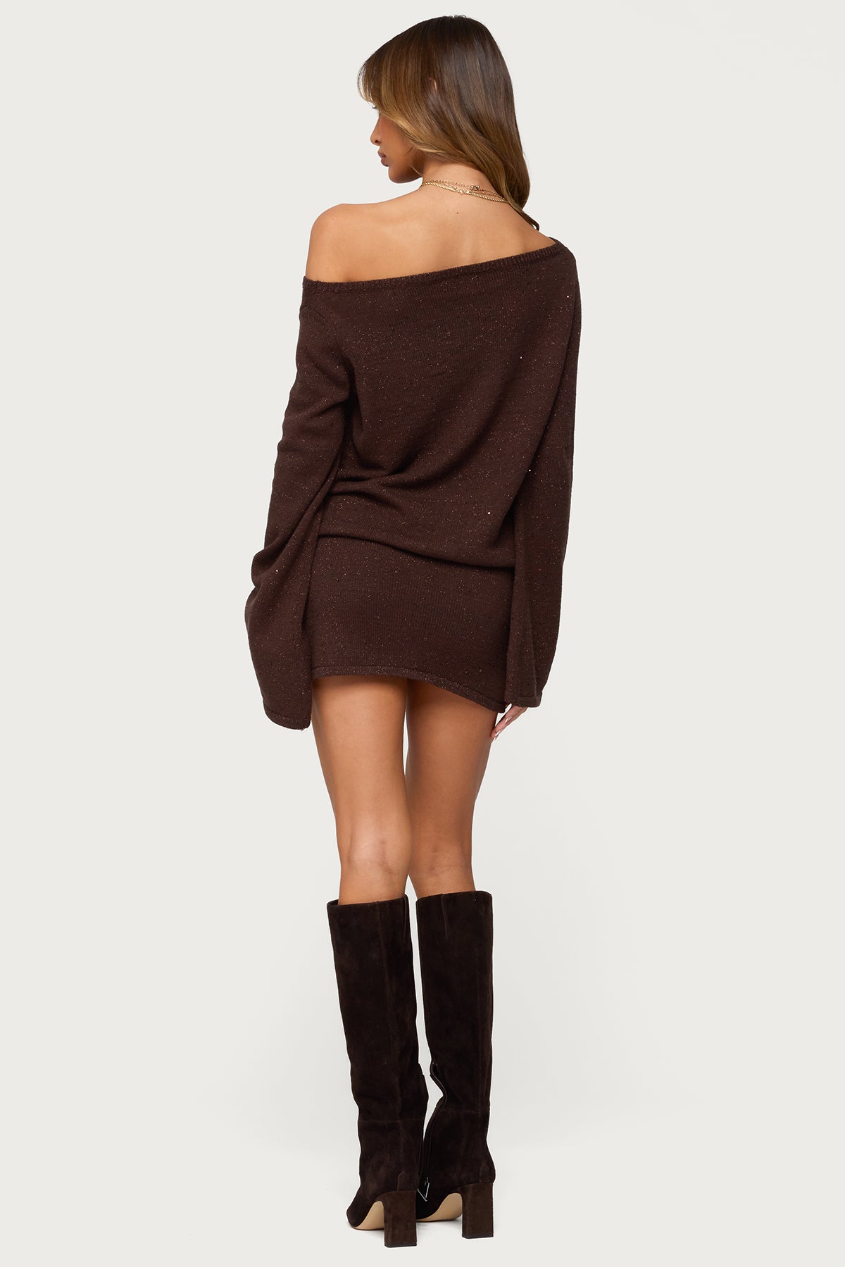 Off Shoulder Sequin Knit Mini Dress-Juice Dress