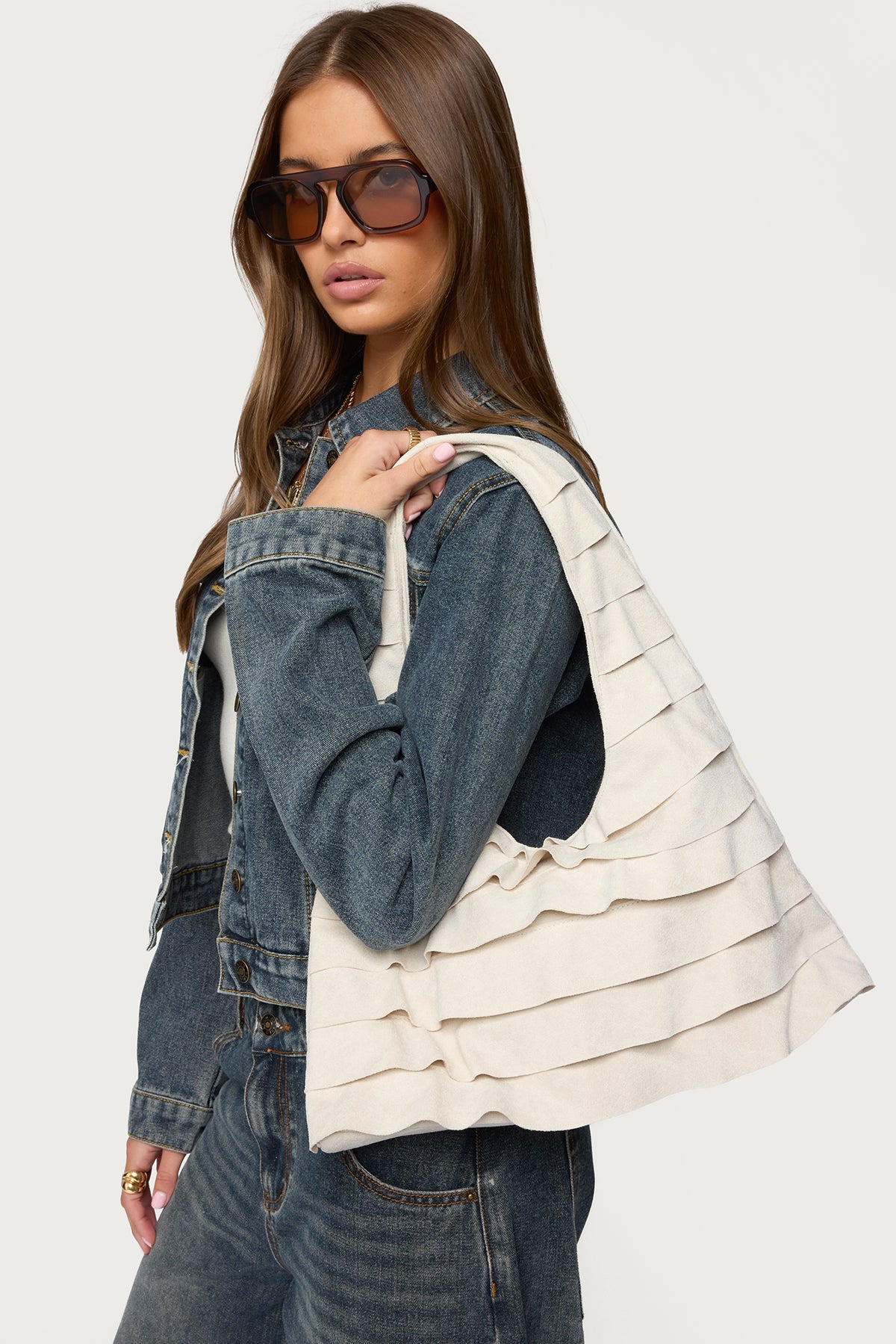 Ruffled Faux Suede Shoulder Bag-Juice Dress