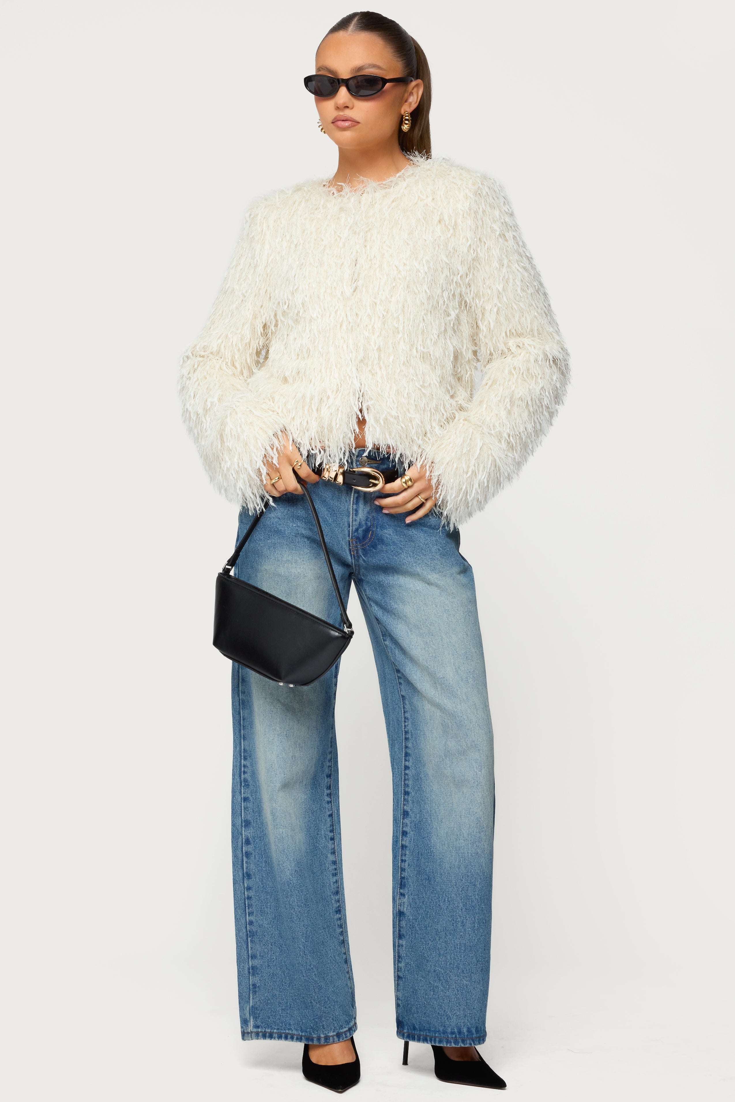 Aleandra Fringed Faux Feather Jacket-Juice Dress