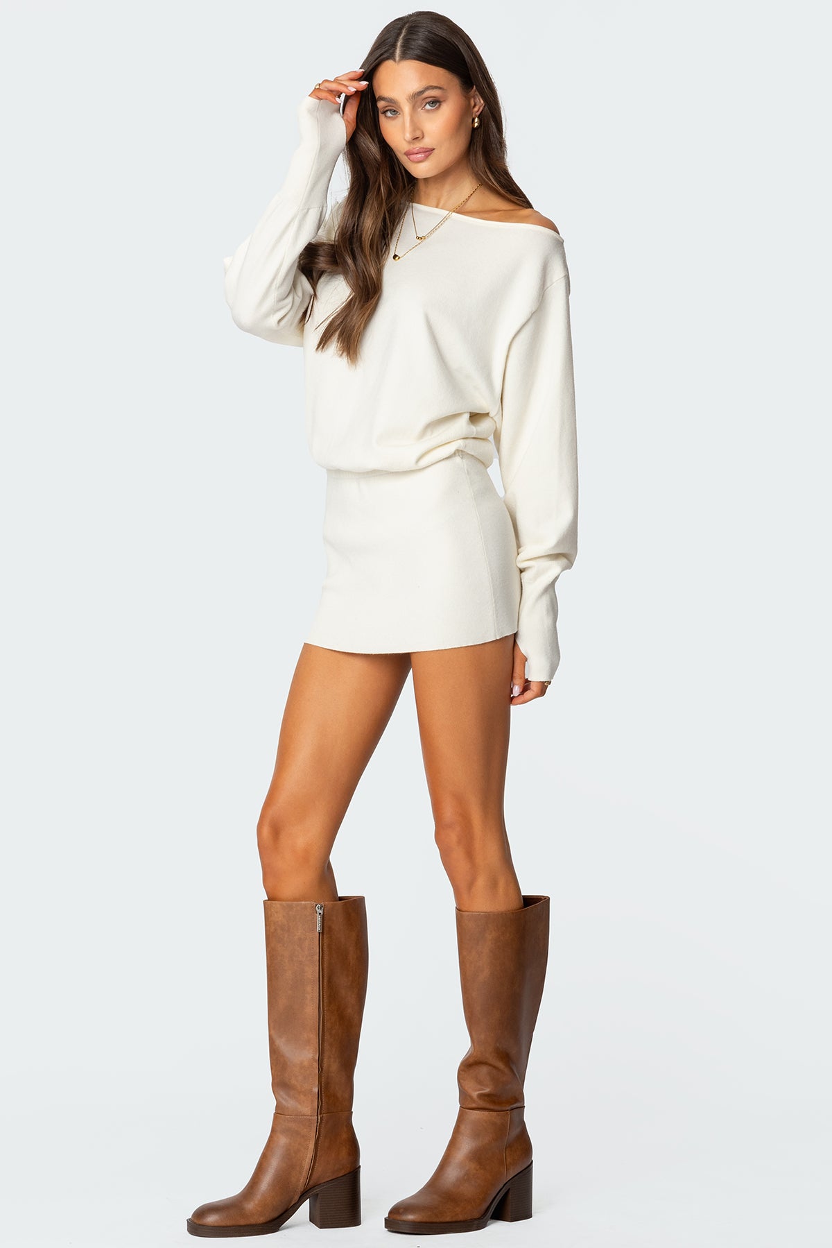 Eve Off Shoulder Knit Mini Dress-Juice Dress