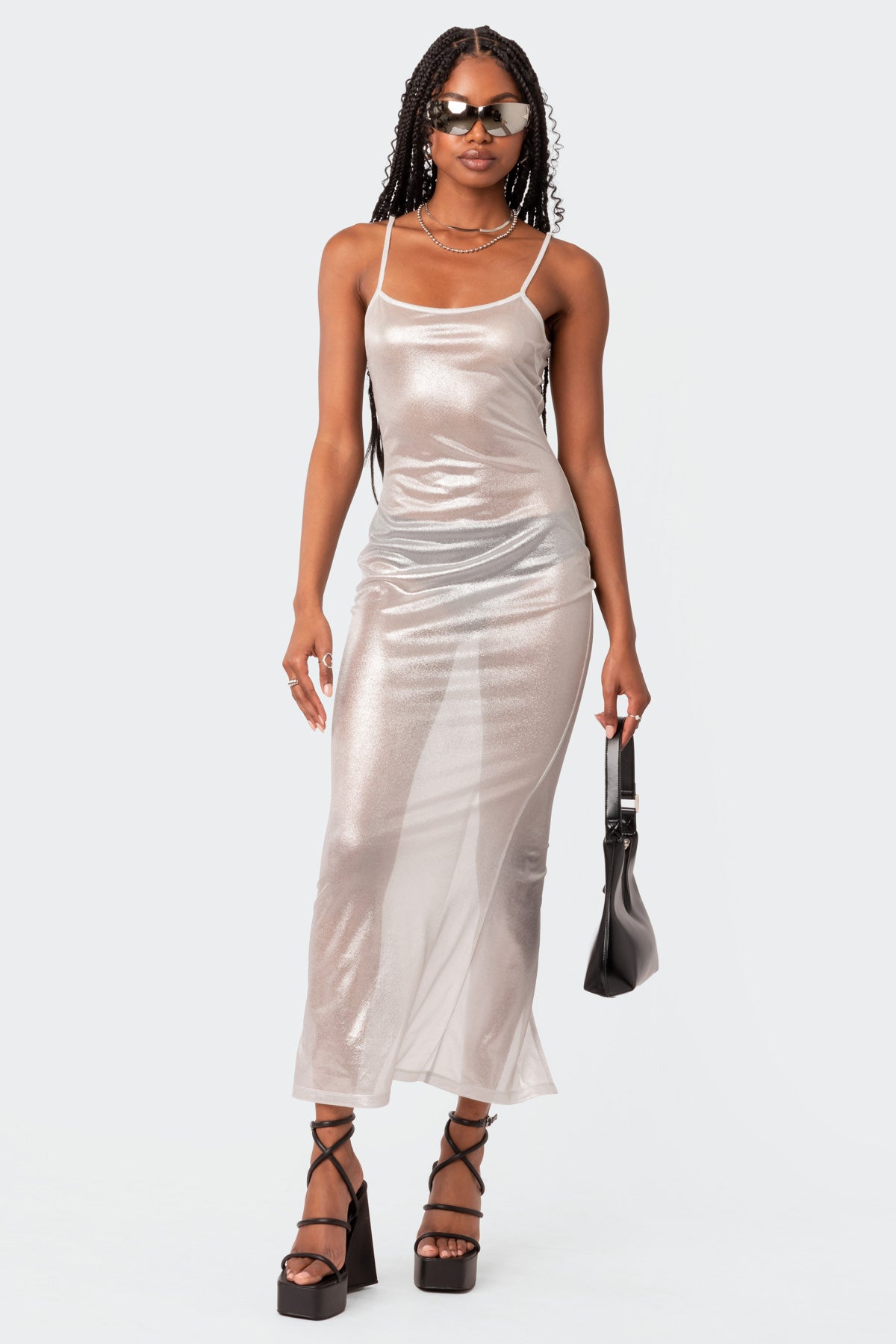 Nyla Sheer Glittery Back Slit Maxi Dress-Juice Dress