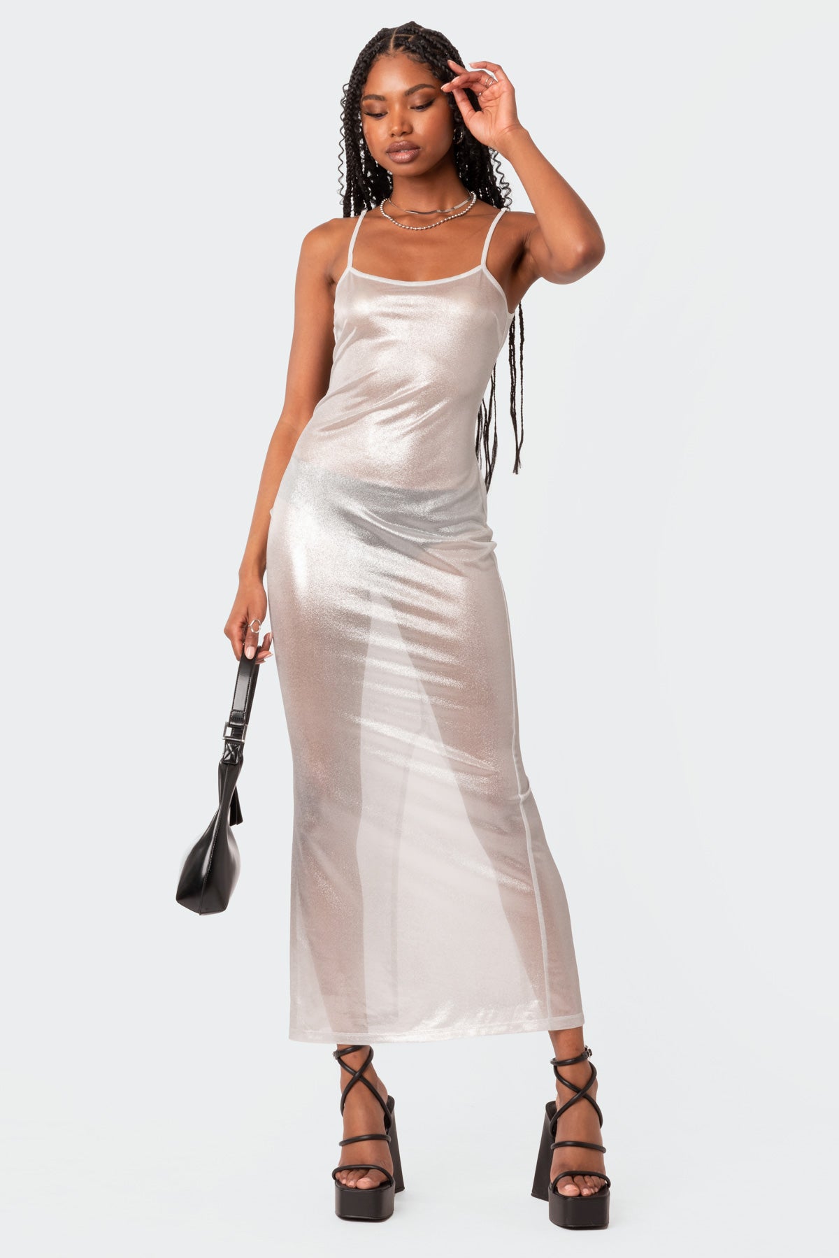 Nyla Sheer Glittery Back Slit Maxi Dress-Juice Dress