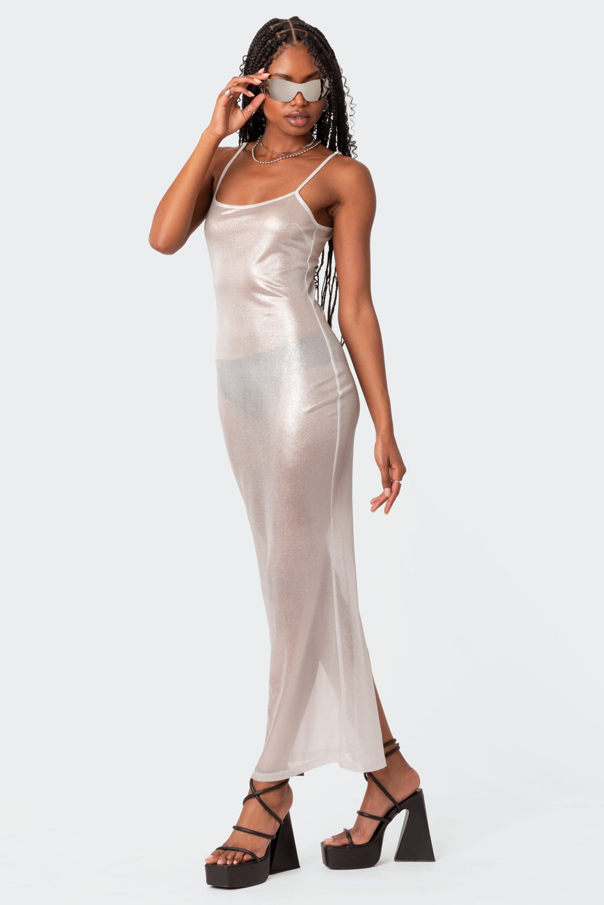 Nyla Sheer Glittery Back Slit Maxi Dress-Juice Dress