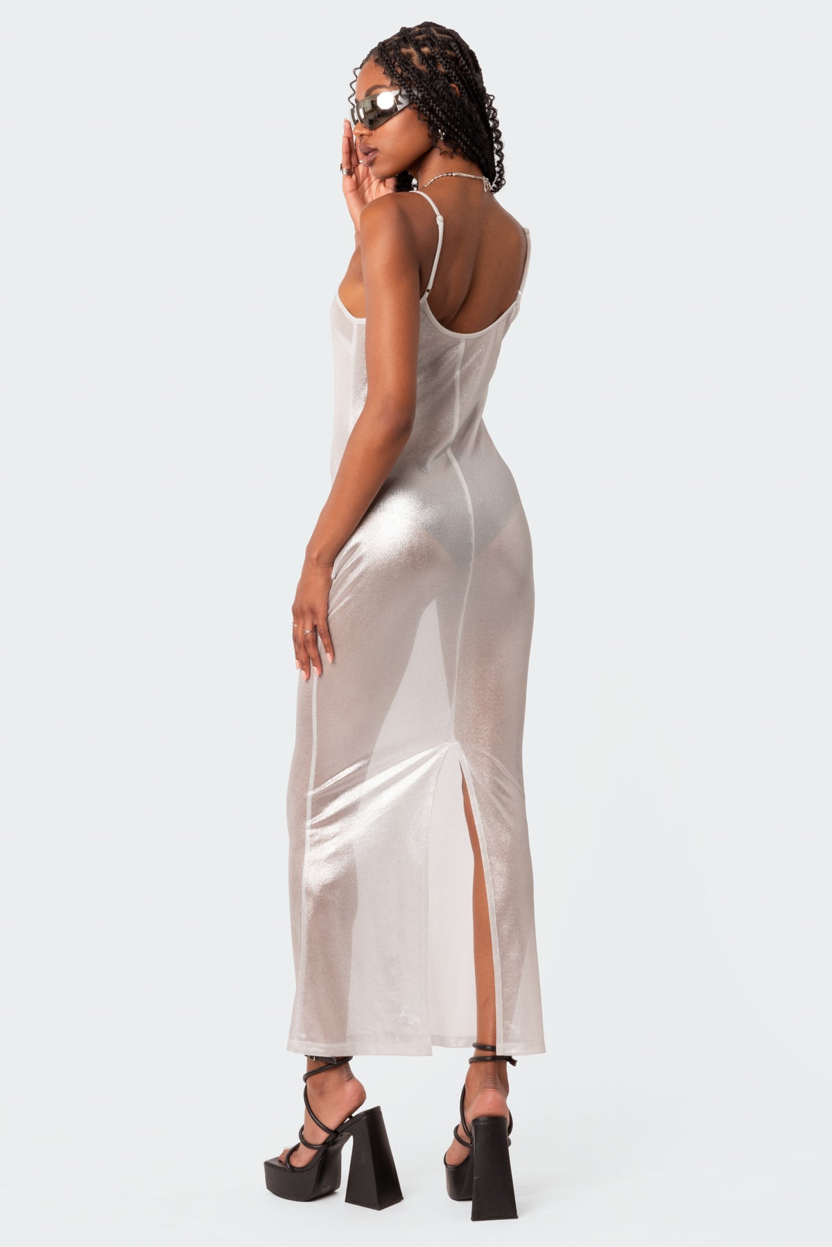Nyla Sheer Glittery Back Slit Maxi Dress-Juice Dress
