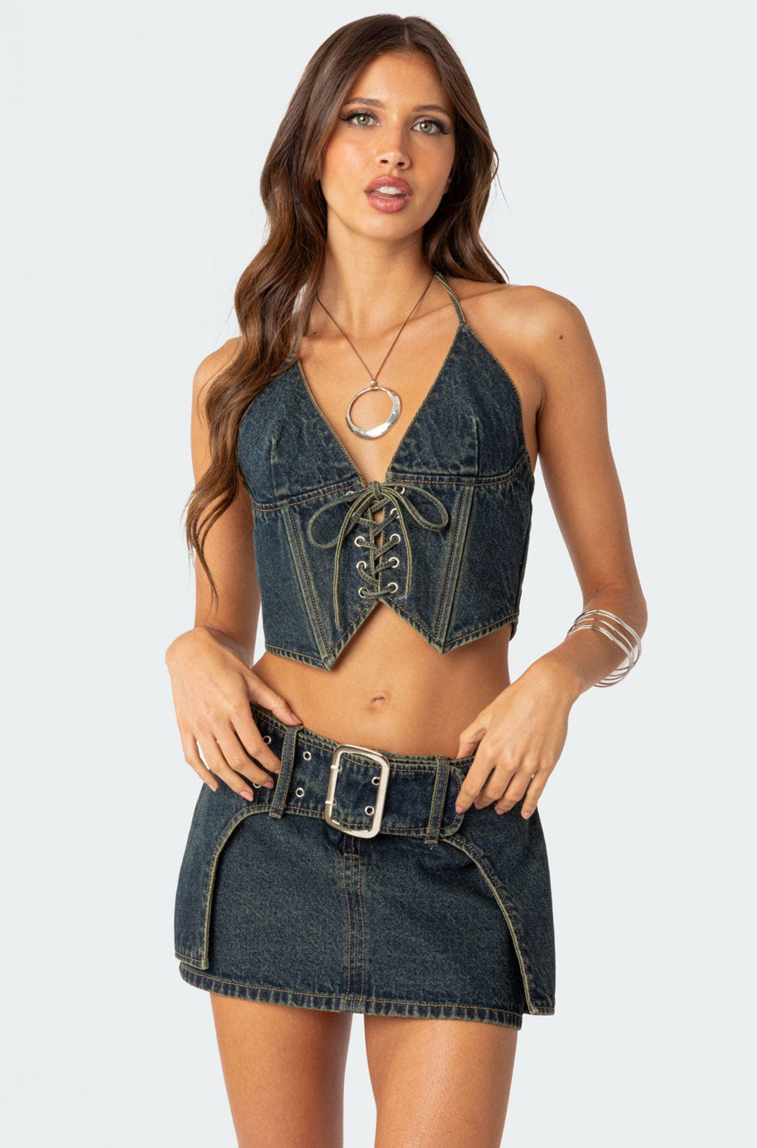 Elara Washed Denim Lace Up Corset-Juice Dress