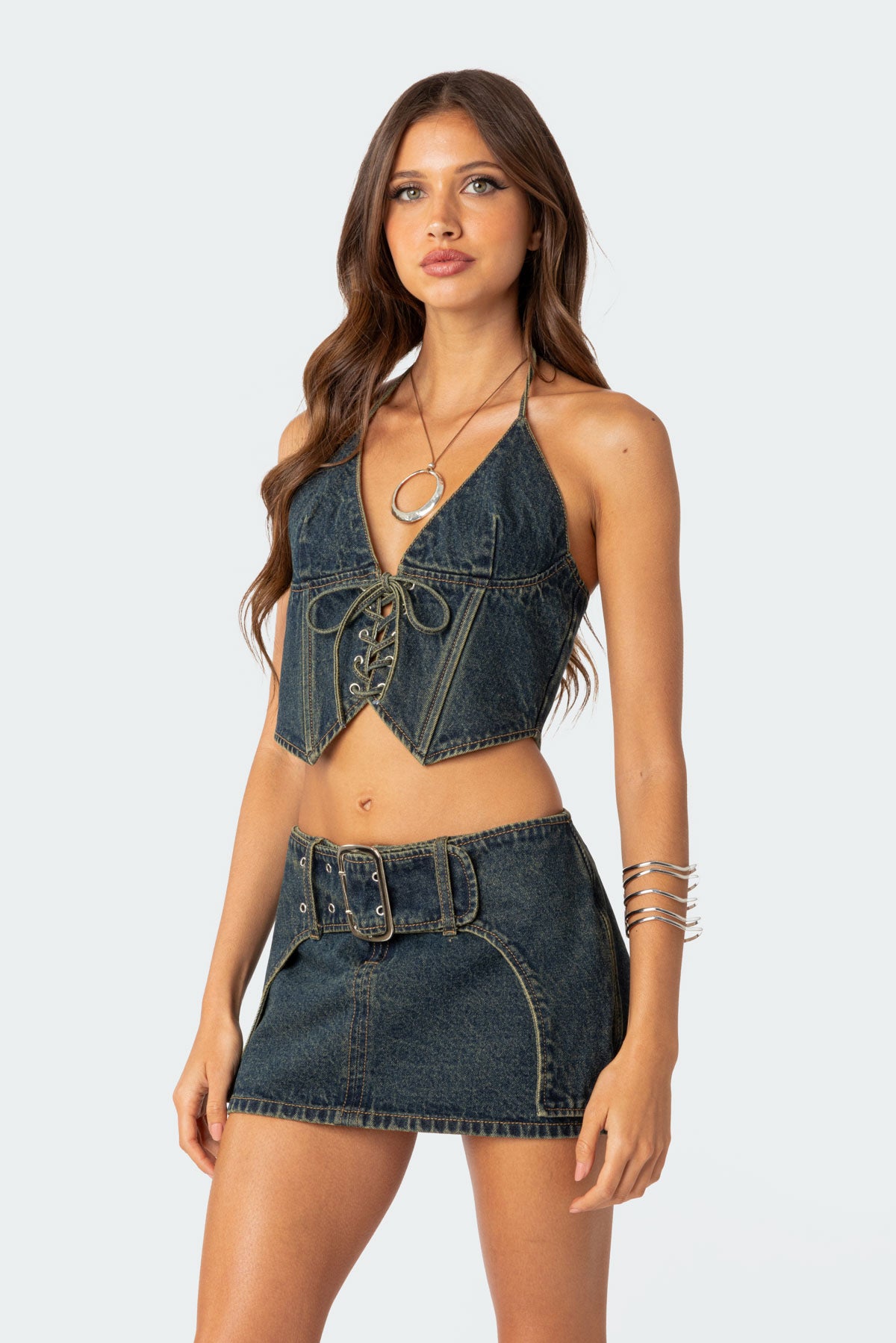 Elara Washed Denim Lace Up Corset-Juice Dress