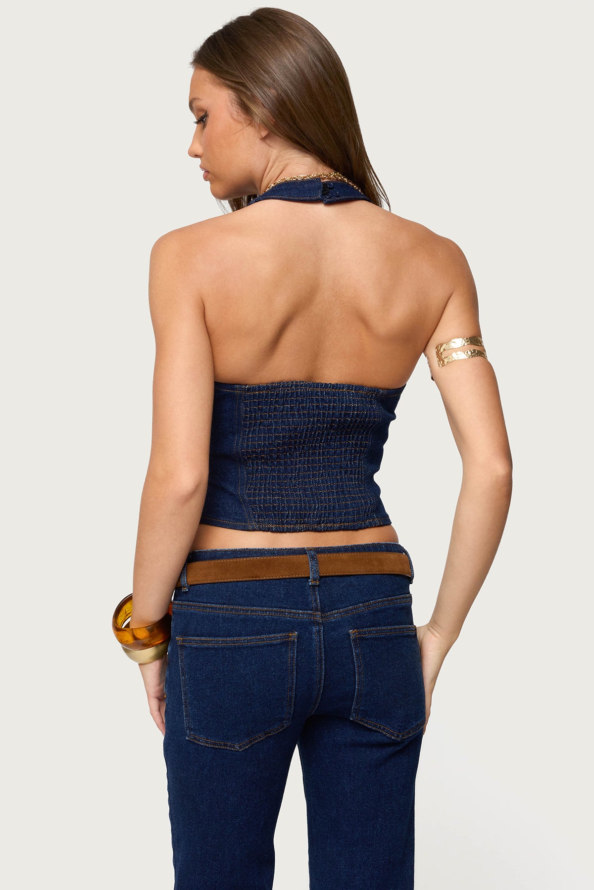 Jemima Contrast Stitch Denim Halter Top-Juice Dress