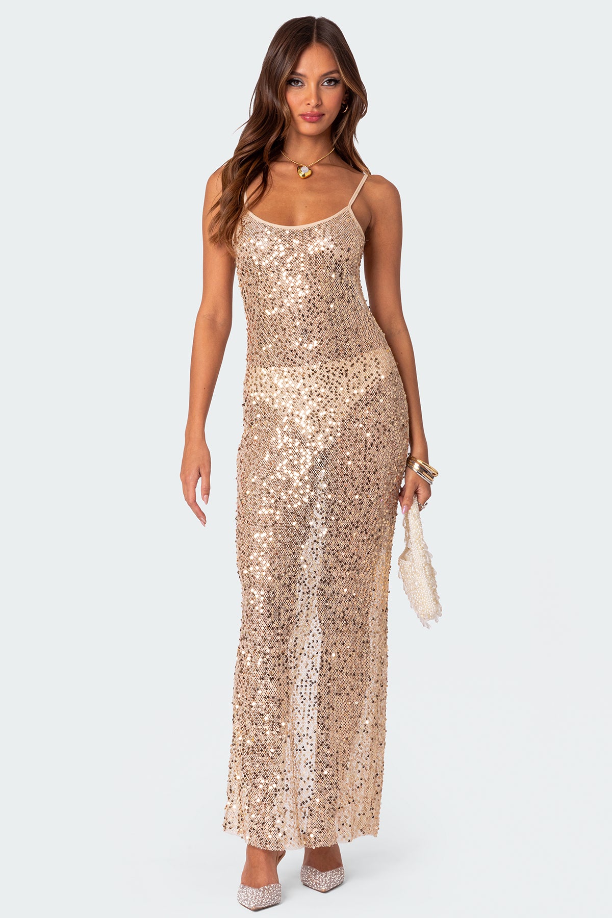Sequin Sheer Mesh Maxi Dress-Juice Dress