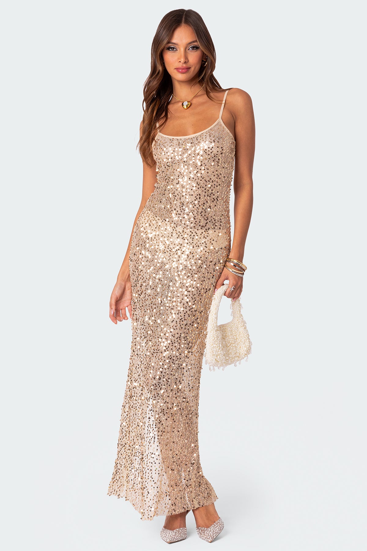 Sequin Sheer Mesh Maxi Dress-Juice Dress
