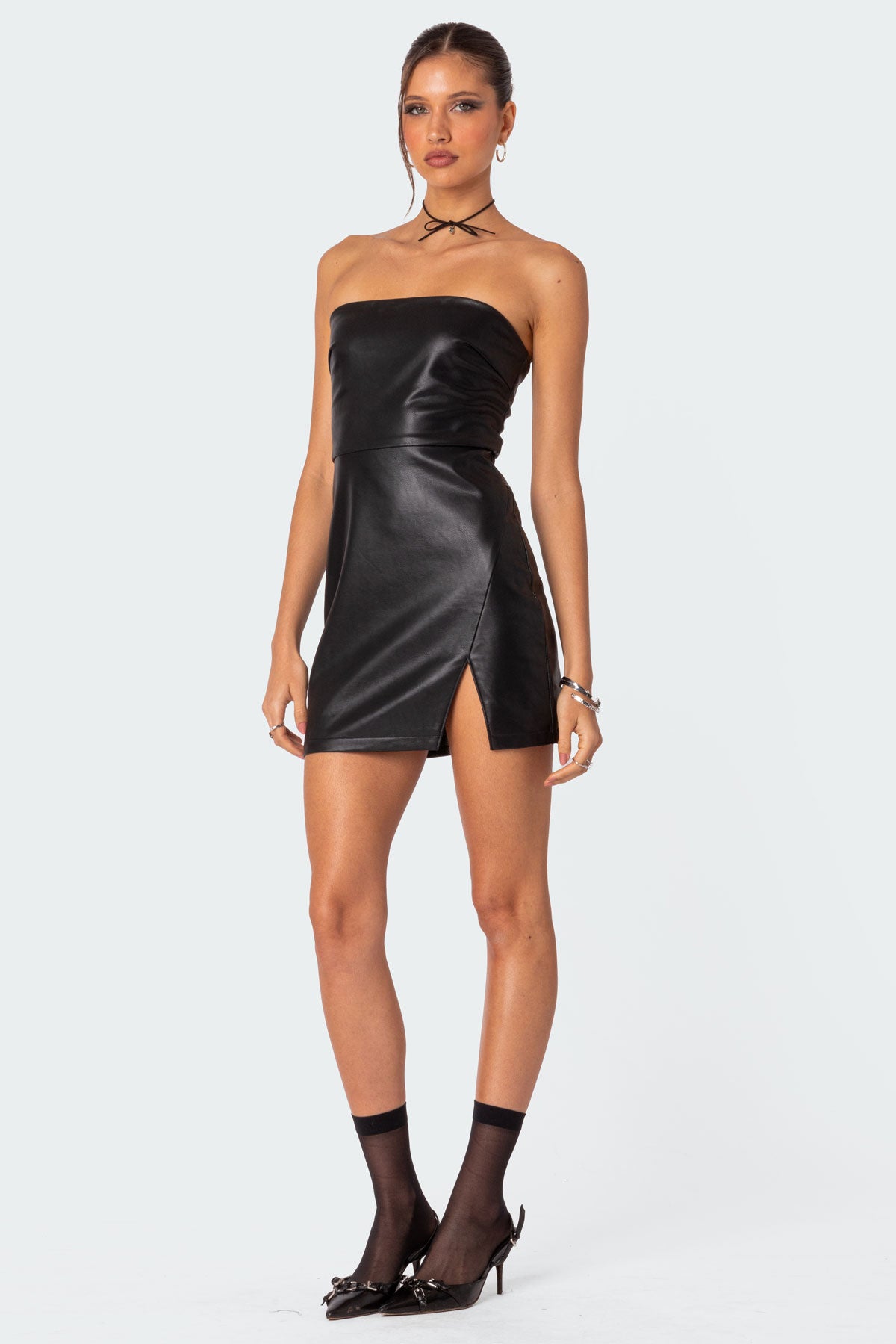 Moon Sign Faux Leather Mini Dress-Juice Dress