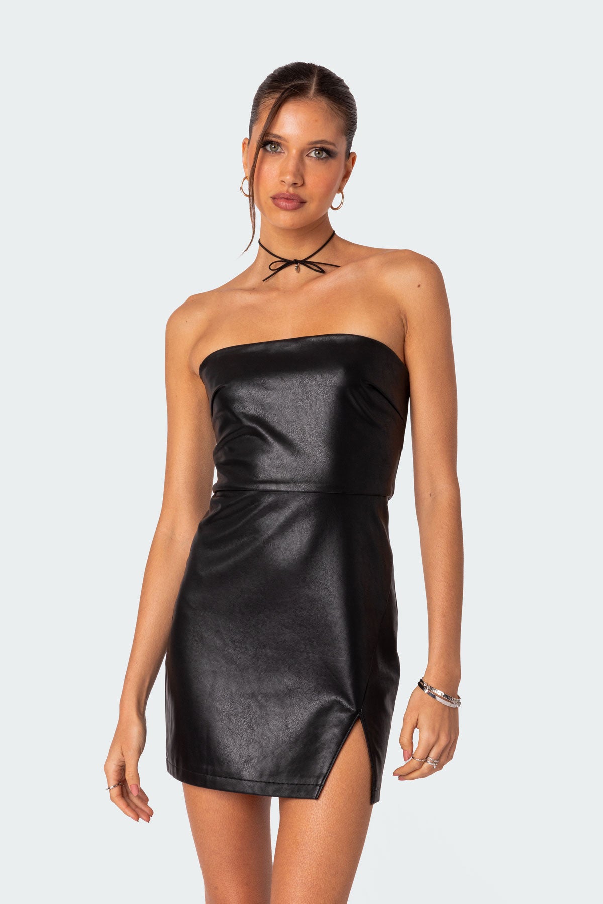 Moon Sign Faux Leather Mini Dress-Juice Dress