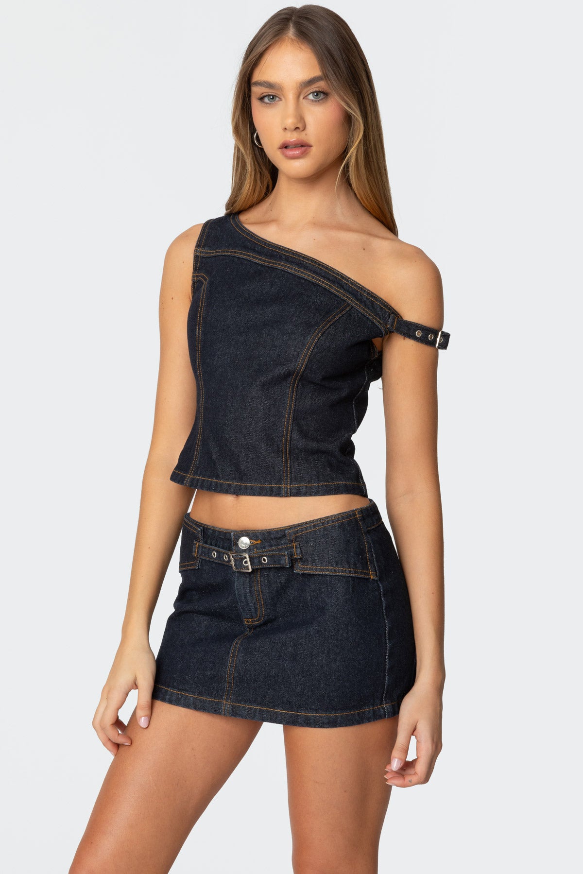 Keira Buckled Asymmetric Denim Top-Juice Dress